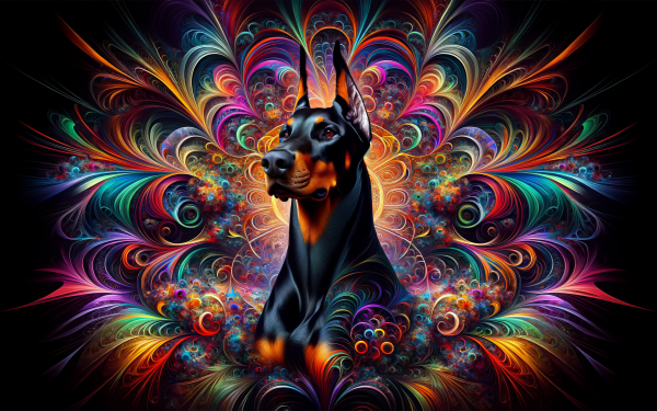 Colorful abstract art Doberman wallpaper with vibrant fractal patterns on a black background for HD desktop.