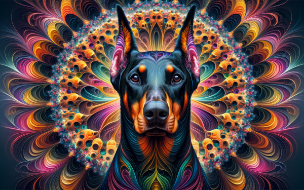 Colorful digital artwork of a Doberman dog with a psychedelic mandala background for HD desktop wallpaper.