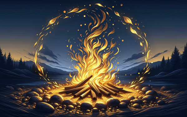 Vibrant campfire with swirling flames against a twilight forest background for HD desktop wallpaper.