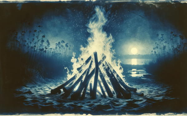 Campfire by the lake under moonlight in a vintage blue-tone HD wallpaper.
