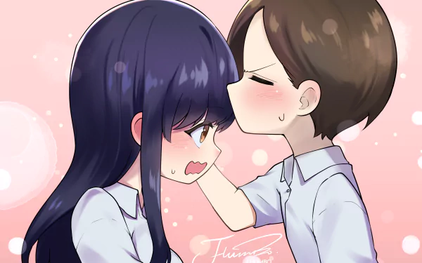 Anime-style 4K Ultra HD desktop wallpaper featuring Anna Yamada and Ichikawa Kyoutarou from The Dangers in My Heart in a tender moment with a soft pink background.