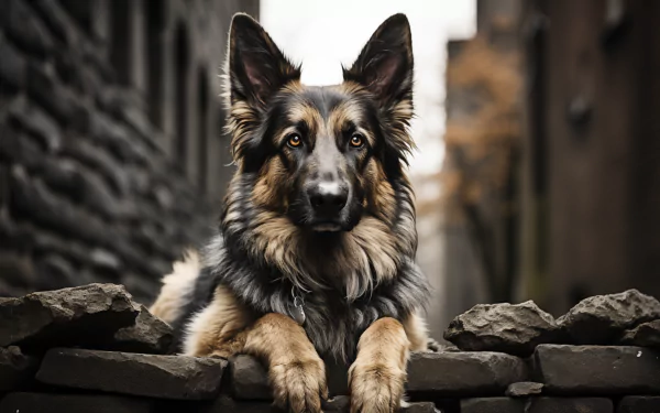 A captivating HD desktop wallpaper featuring a German Shepherd resting on rocks, with a backdrop of textured stone walls, showcasing its striking features and expressive gaze.