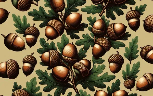 HD desktop wallpaper featuring a pattern of acorns and green leaves on a beige background.