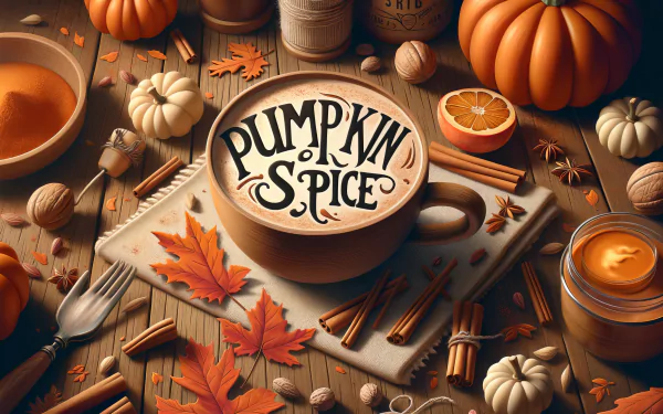 A cozy arrangement featuring a stylish pumpkin spice latte, autumn leaves, mini pumpkins, and spices, capturing the essence of fall in a vibrant HD desktop wallpaper.