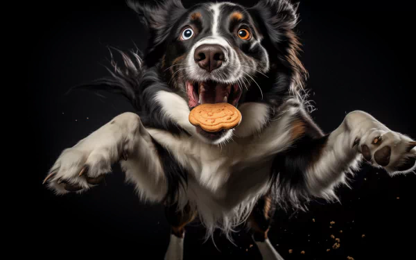 Excited Border Collie catching a biscuit in mid-air against a black background, HD wallpaper.