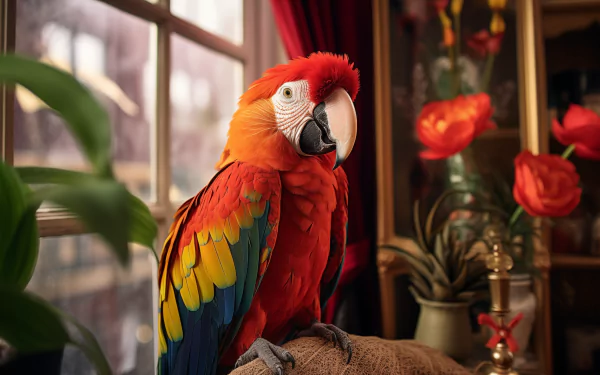 A vibrant macaw parrot poses elegantly against a colorful backdrop, showcasing its striking red and green plumage. This HD image serves as a captivating desktop wallpaper.