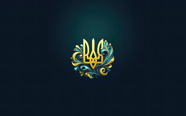 Ukraine's golden trident emblem adorned with blue and gold ornamental flourishes on a dark background, rendered as an 8K Ultra HD PC desktop wallpaper.
