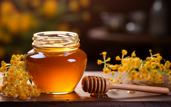 HD desktop wallpaper featuring a clear glass jar full of golden honey, with a wooden honey dipper and yellow flowers in the background, symbolizing natural sweetness.
