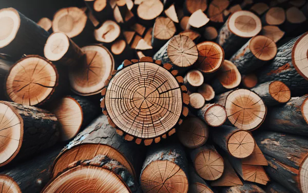 Close-up of neatly stacked firewood, showcasing tree rings and varying log shapes. This high-definition image serves as a warm and earthy desktop wallpaper.