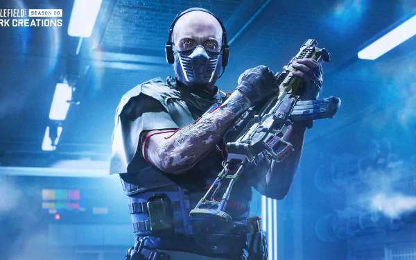 HD desktop wallpaper for Battlefield 2042 featuring a masked soldier with a rifle in a futuristic blue-lit environment.