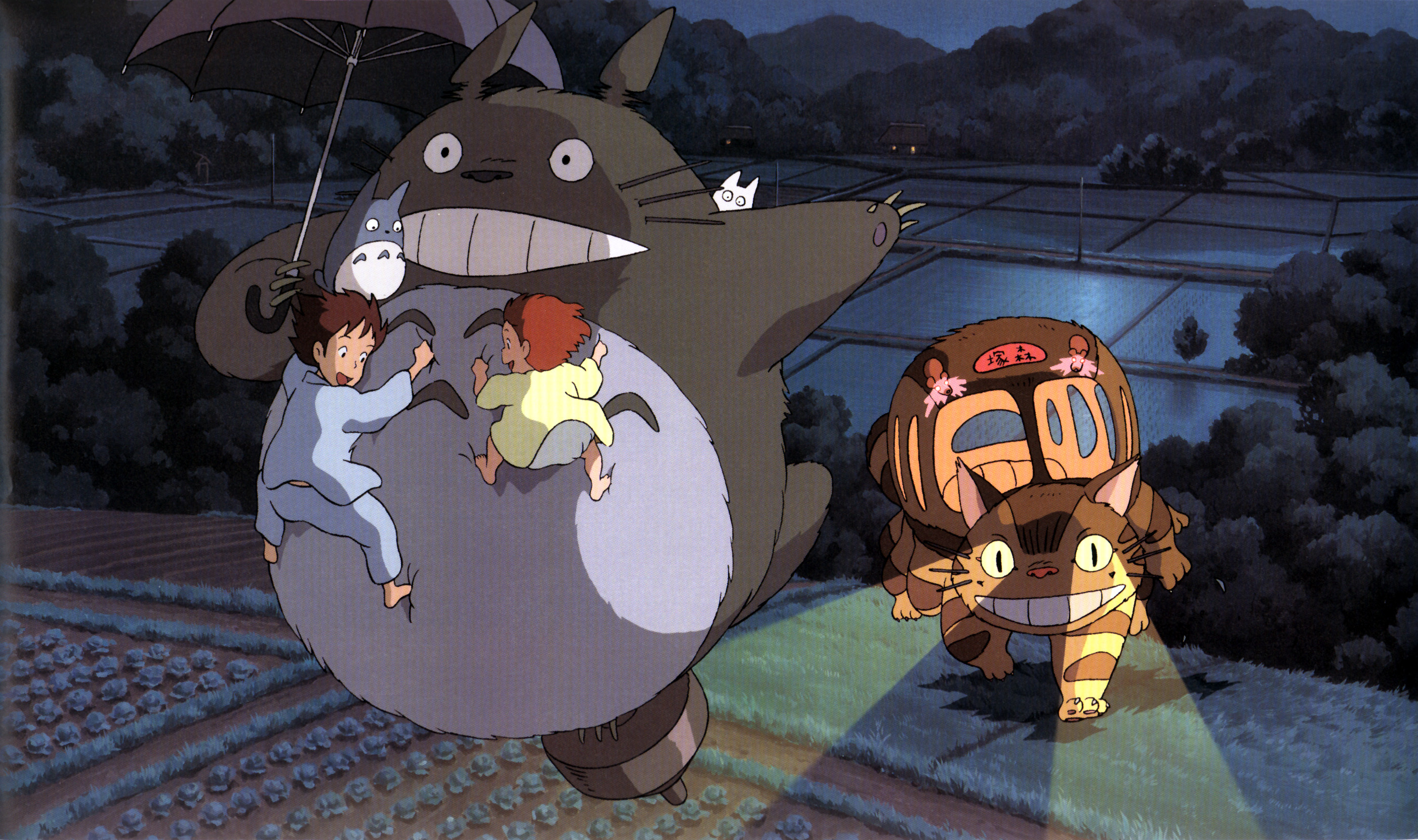 HD desktop wallpaper featuring characters from Studio Ghibli's My Neighbor Totoro with Totoro and children on a magical flight.