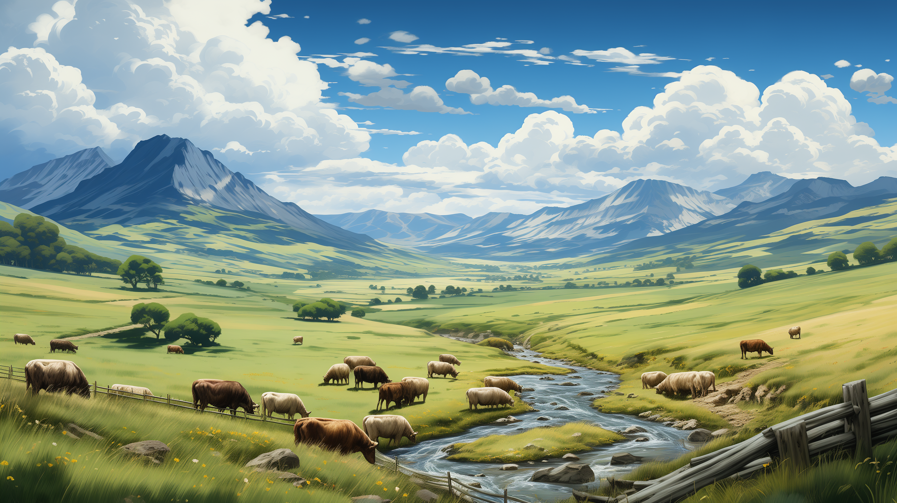 HD desktop wallpaper featuring a serene countryside landscape with cows grazing by a meandering stream and mountains in the background.