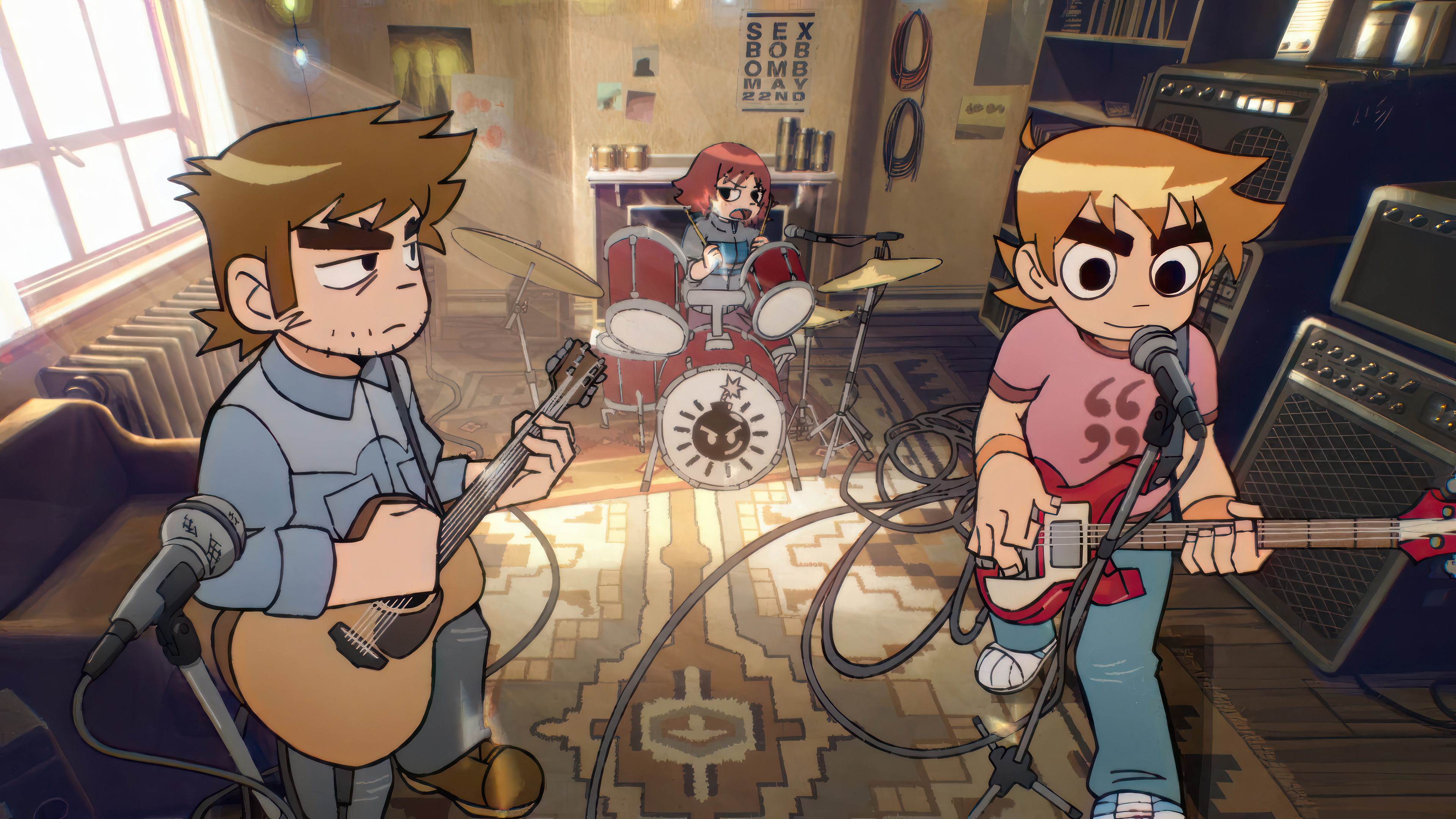 HD wallpaper featuring animated characters Scott Pilgrim and a bandmate rehearsing in a music room from Scott Pilgrim Takes Off.