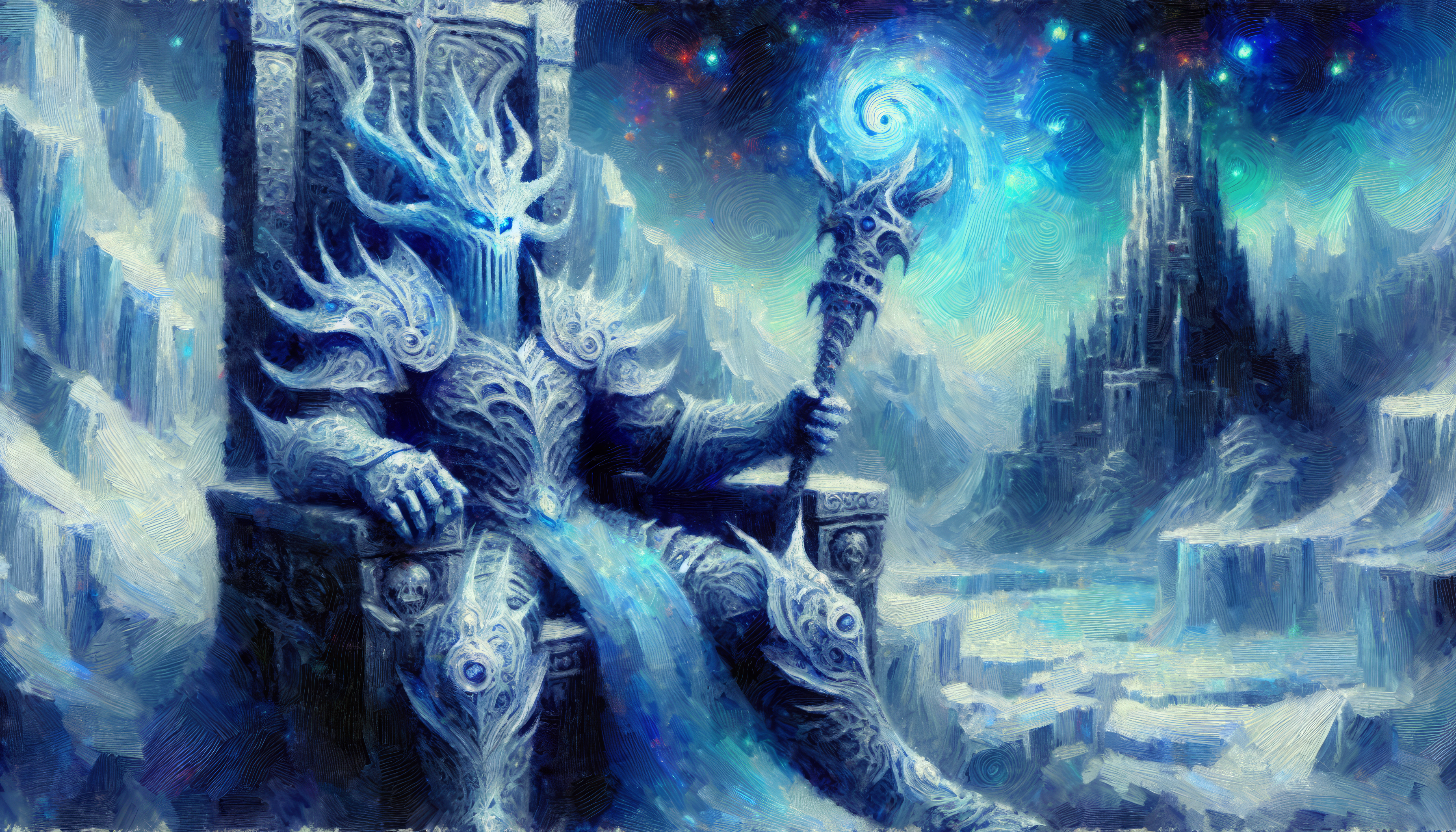 HD desktop wallpaper featuring the Lich King seated on a frosty throne with a mystical staff in a snowy kingdom.