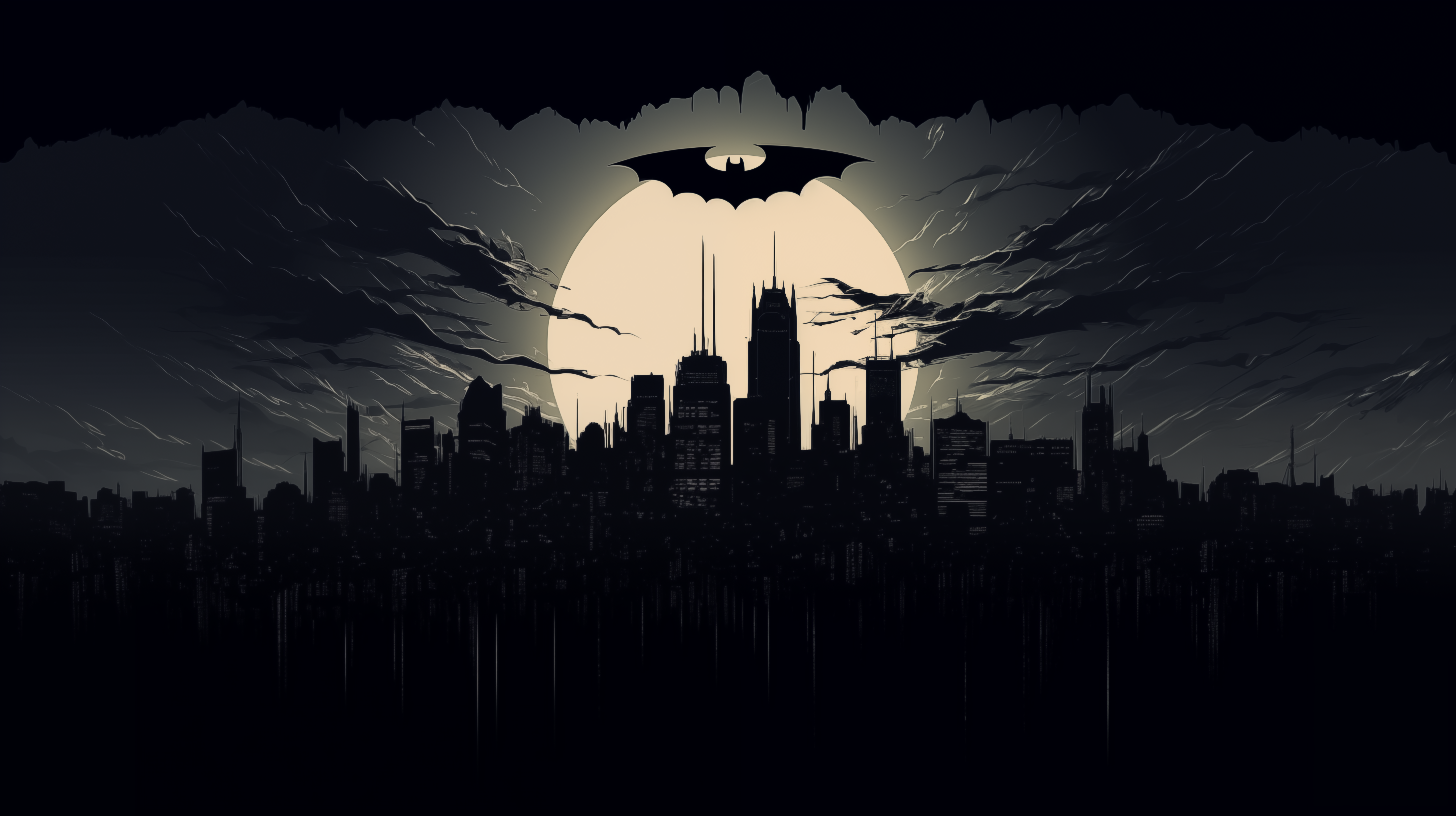 HD wallpaper of a stylized Gotham City skyline silhouette with the iconic Batman logo against a full moon.