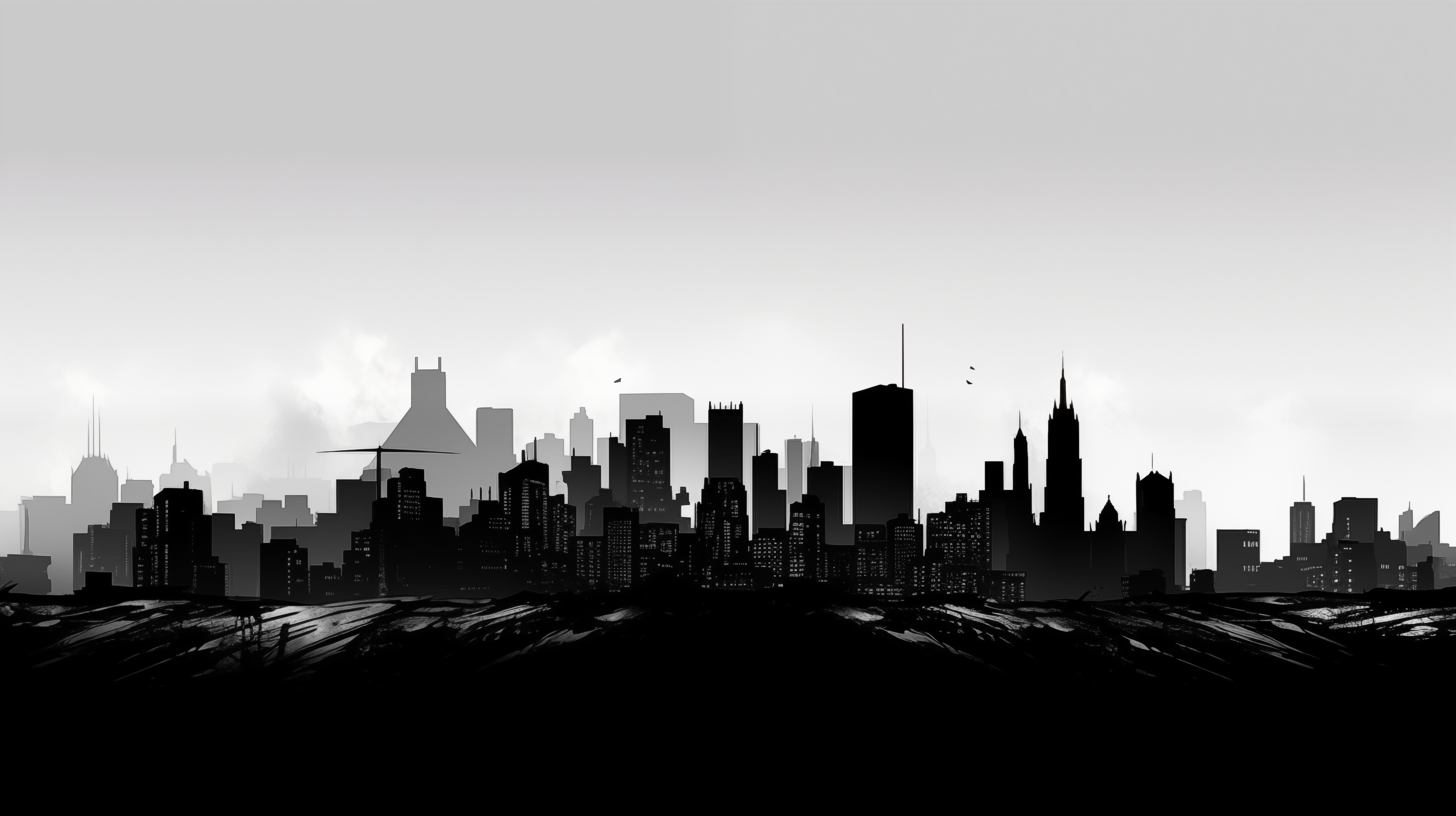 Monochrome cityscape silhouette HD desktop wallpaper and background with urban skyline.