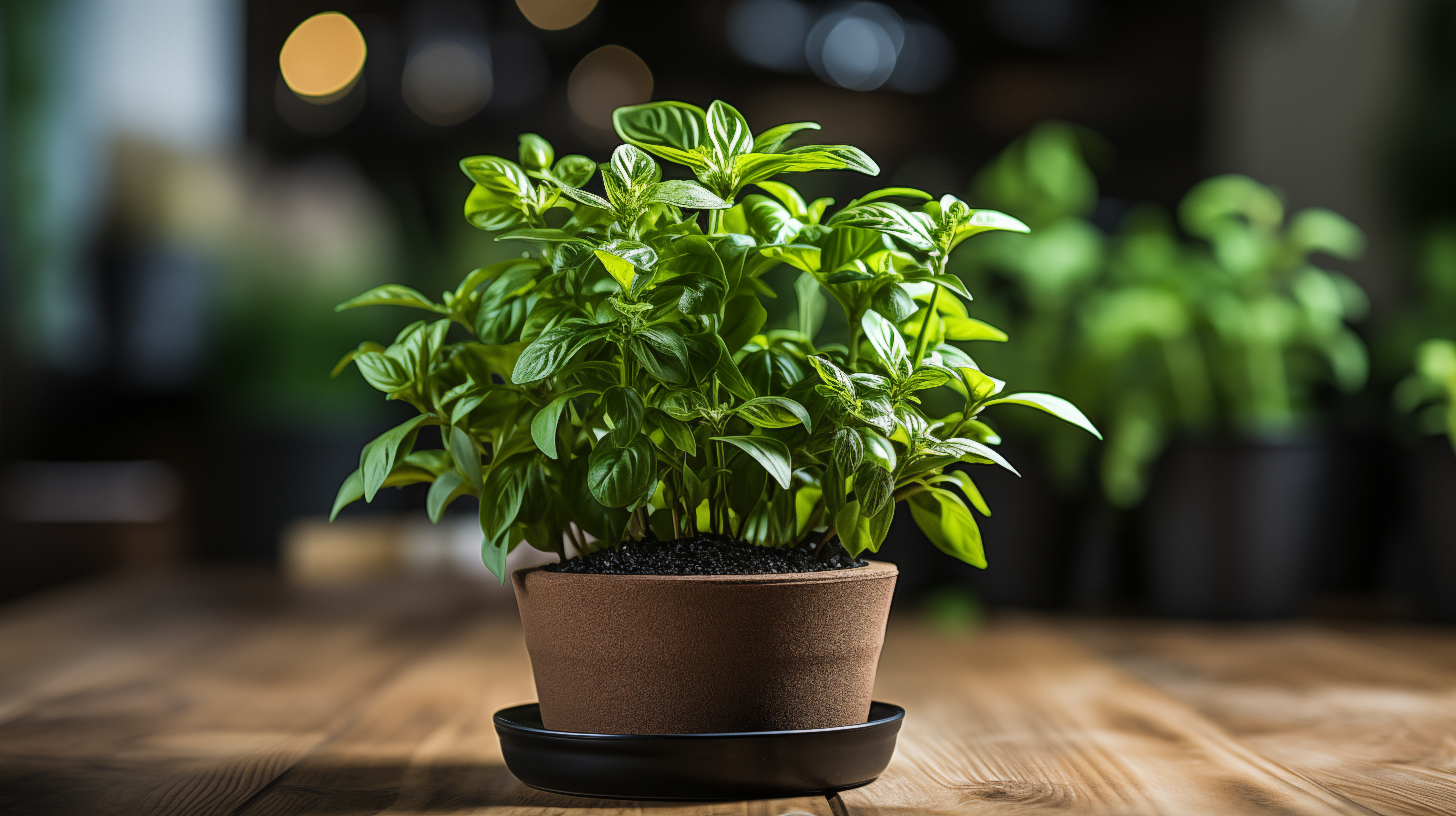 Lush green basil plant in a brown pot, set on a wooden table with a soft-focus backdrop, perfect for an HD desktop wallpaper with a botanical theme.