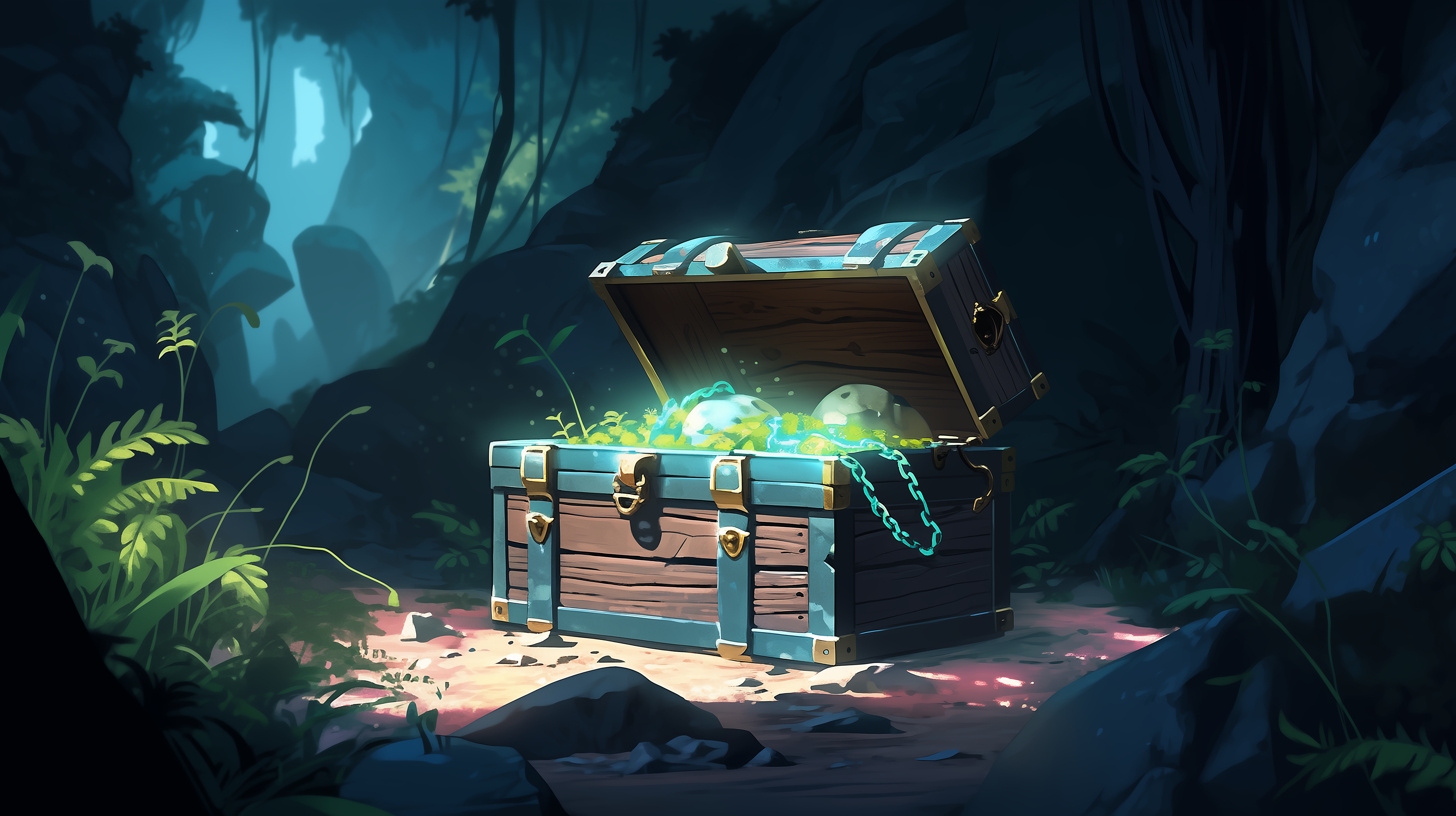 HD desktop wallpaper of an open treasure chest glowing with jewels in a mysterious cave setting.