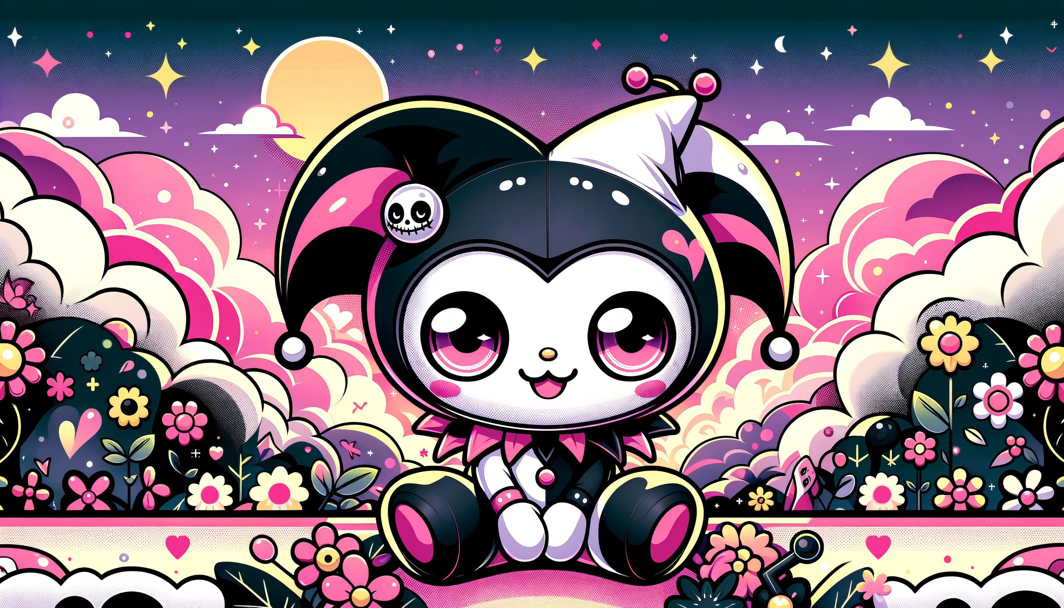 HD desktop wallpaper featuring Kuromi from Hello Kitty against a colorful, whimsical background with flowers and stars.