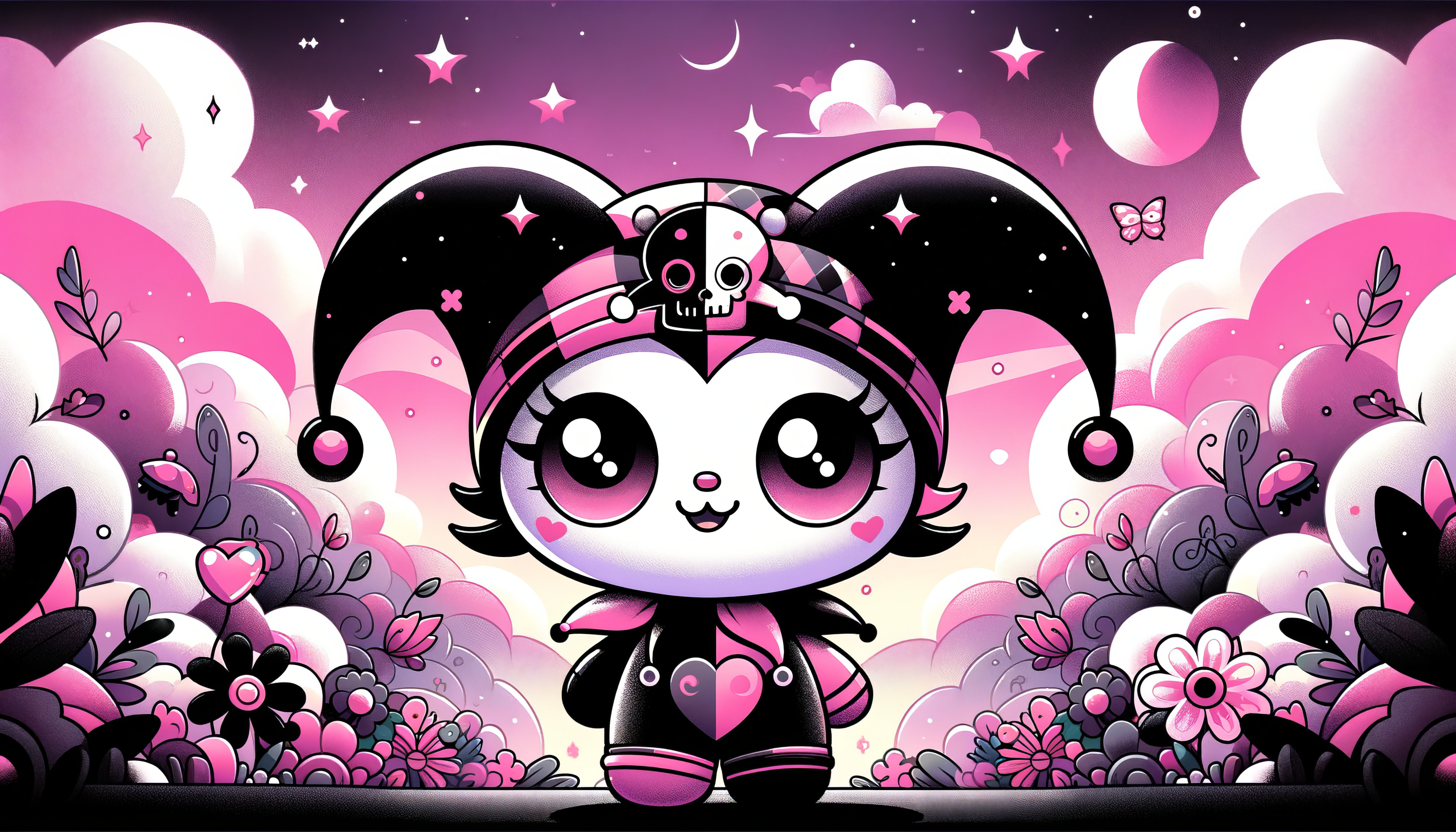 Alt-text: HD wallpaper featuring Kuromi from Hello Kitty, set against a whimsical pink and purple background with stars and flowers, perfect for desktop and background use.