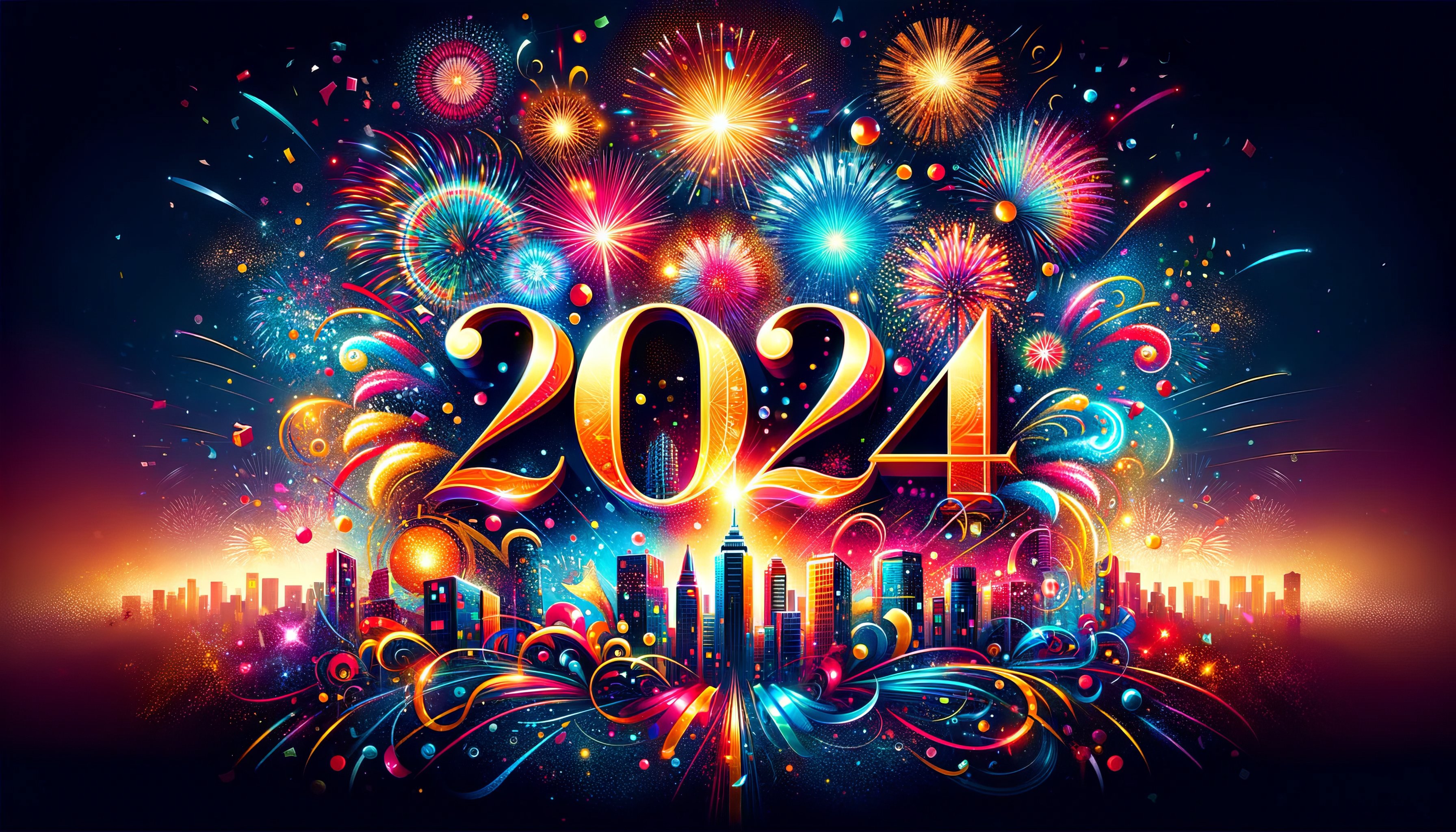 Vibrant HD 2024 fireworks display over city skyline desktop wallpaper and background.
