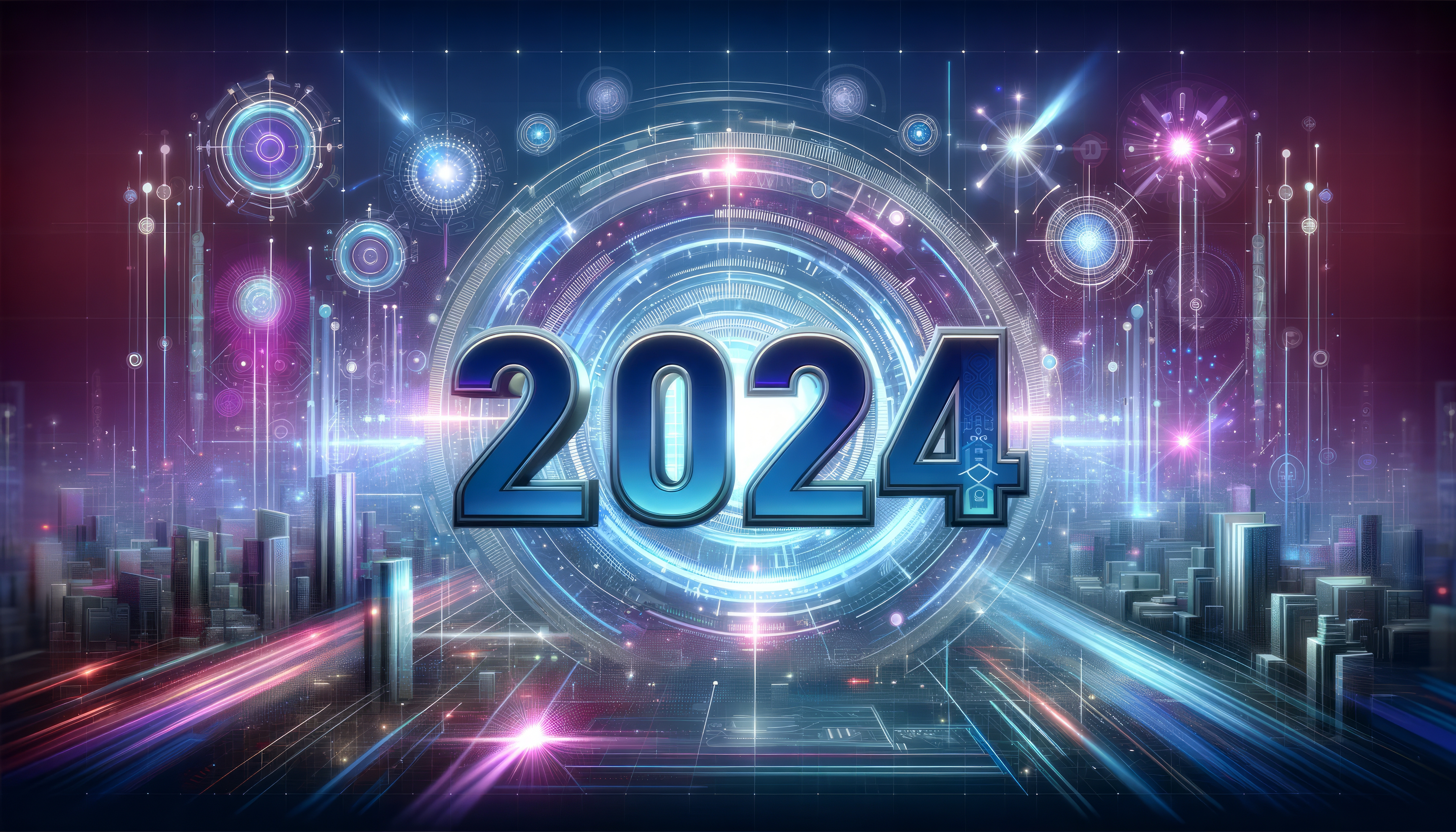 Futuristic 2024 themed HD wallpaper depicting a vibrant digital cityscape with glowing neon lights and high-tech interface elements.