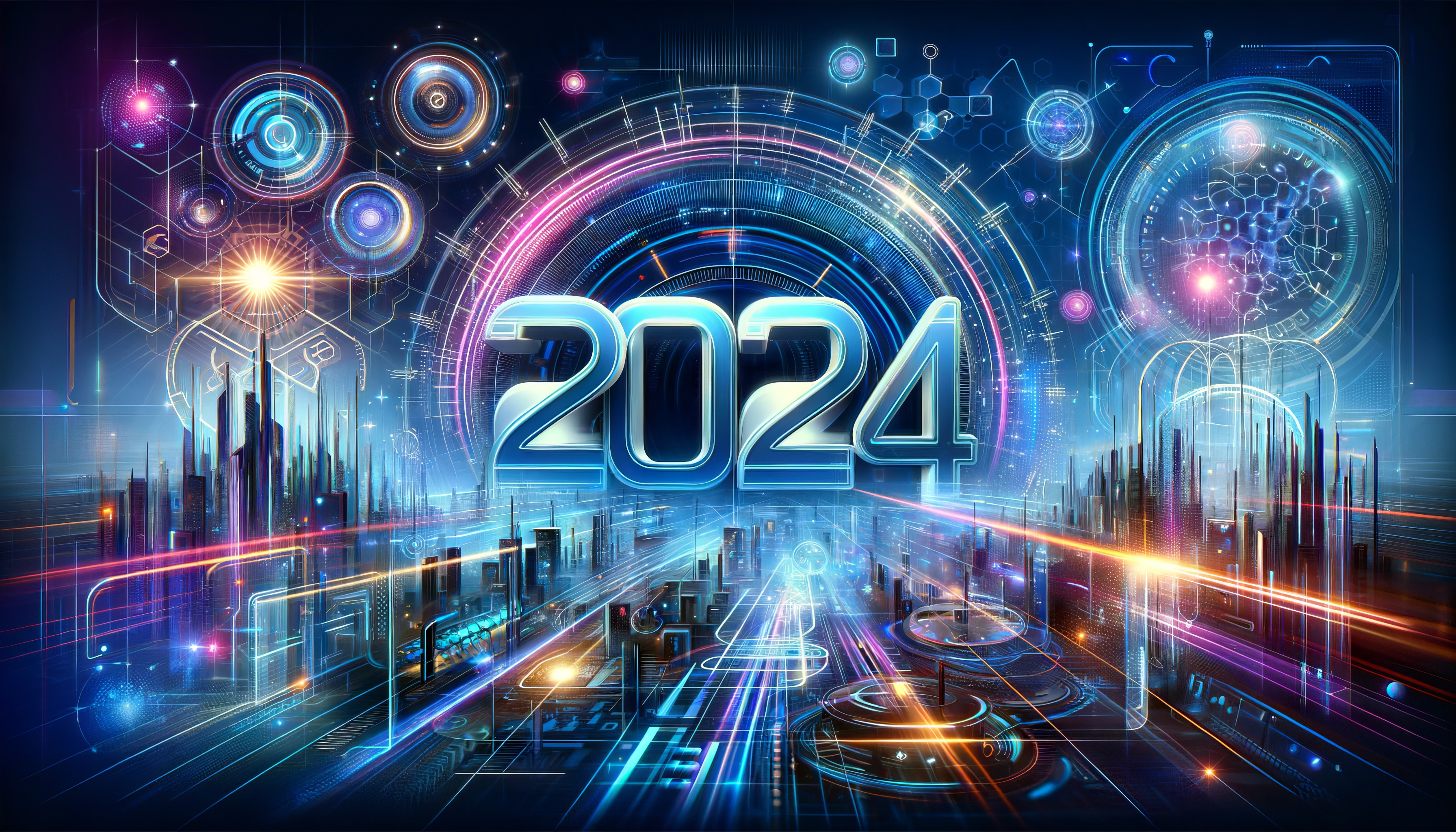 HD futuristic cityscape desktop wallpaper with vibrant neon lights and the number 2024 in bold.