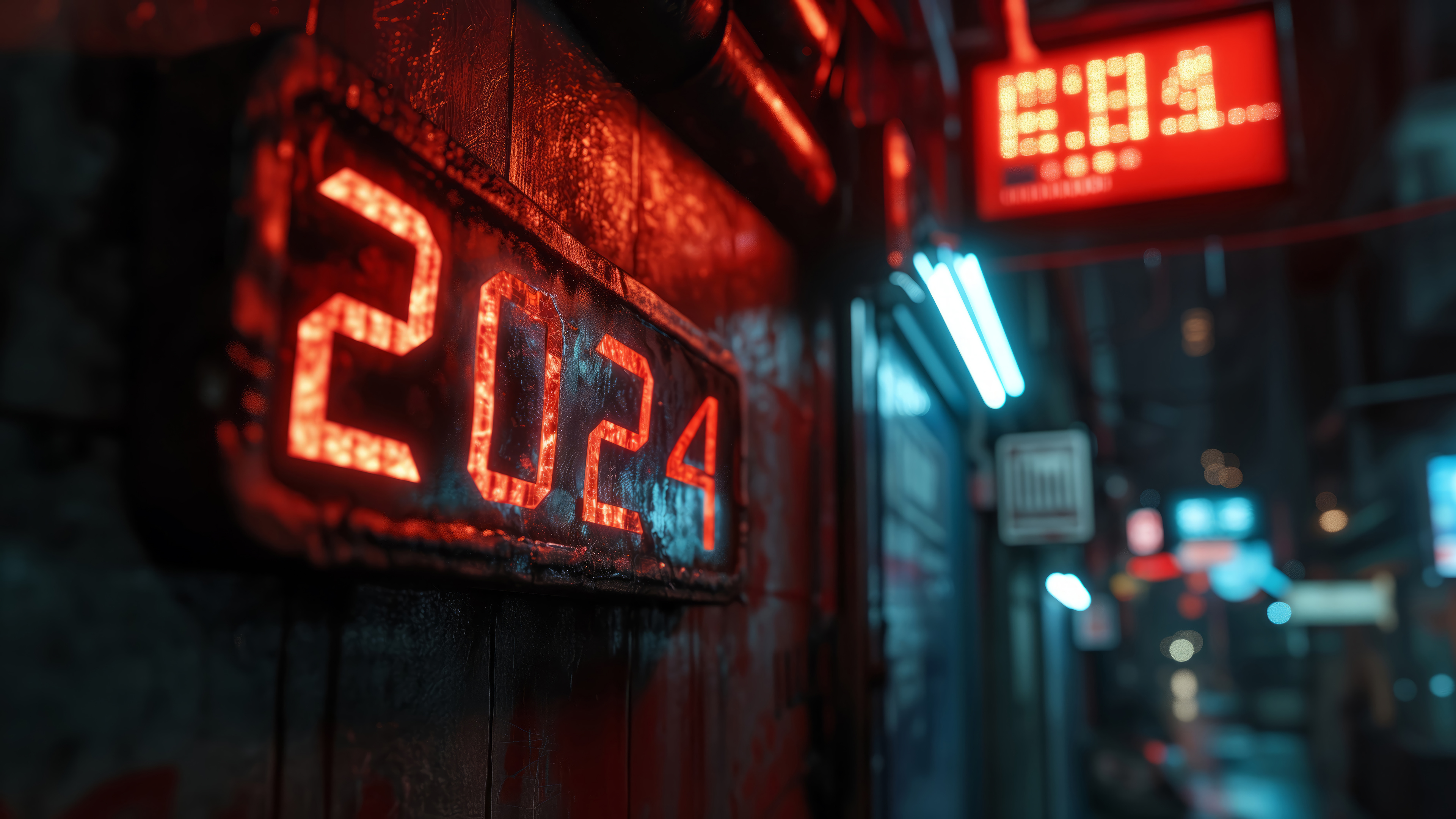 HD wallpaper of a neon sign displaying '2024' with a futuristic city vibe, perfect as a New Year 2024 desktop background.