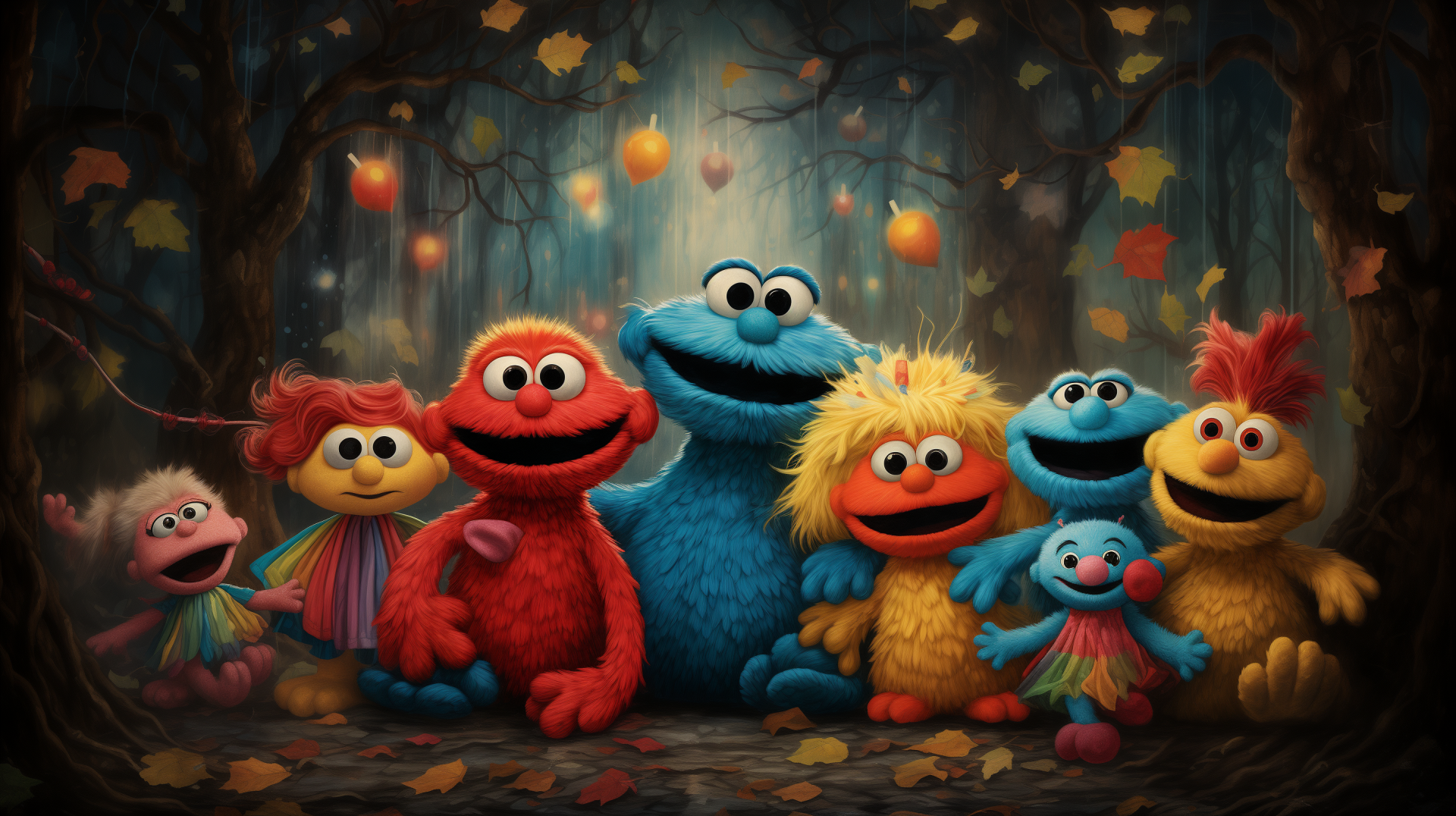 Sesame Street characters in an autumn-themed HD desktop wallpaper.
