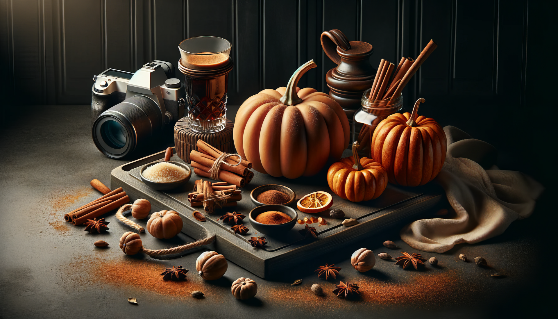 A beautifully arranged flat lay featuring pumpkins, spices, and a camera, all set against a dark background, encapsulating the warm essence of pumpkin spice. HD desktop wallpaper.