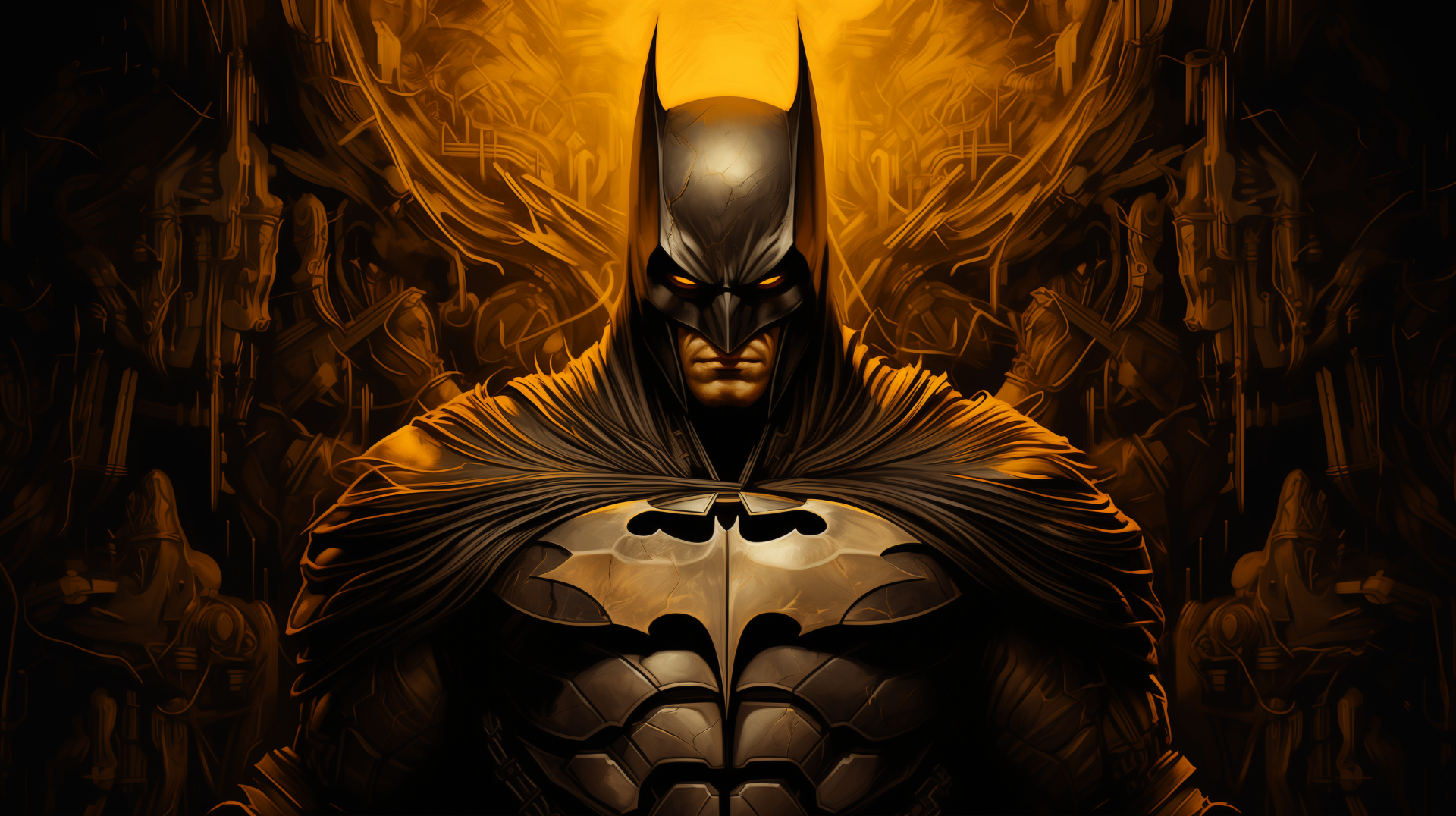 HD Batman desktop wallpaper featuring a dramatic illustration of the iconic superhero poised for action against a stylized Gotham City background.