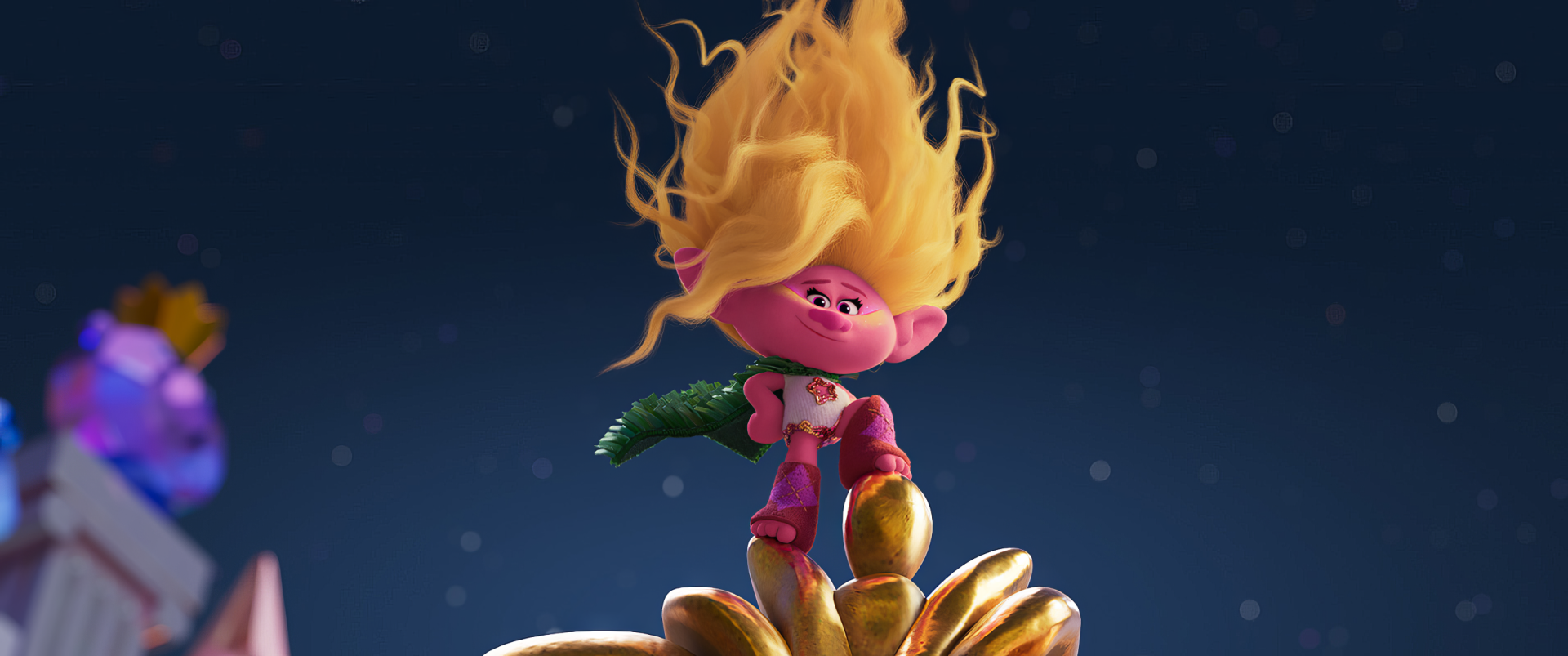 HD desktop wallpaper featuring a character from Trolls Band Together with vibrant pink hair standing on a golden bloom against a starry sky background.