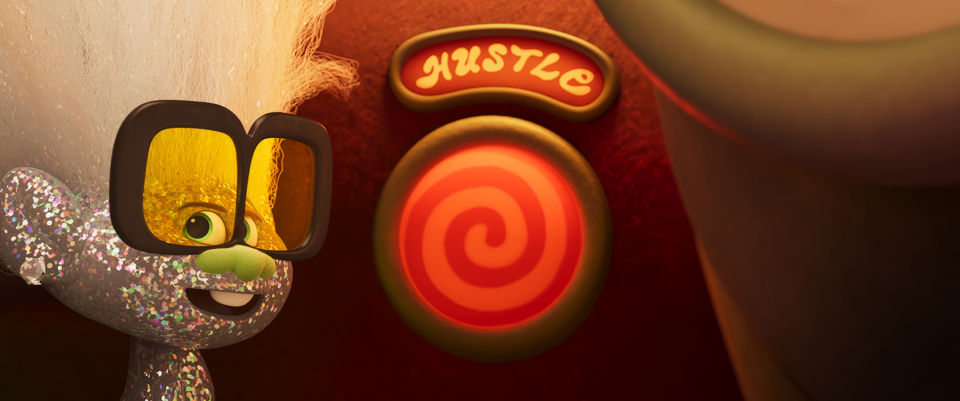 HD wallpaper featuring characters from Trolls Band Together with vibrant colors and a Hustle neon sign.