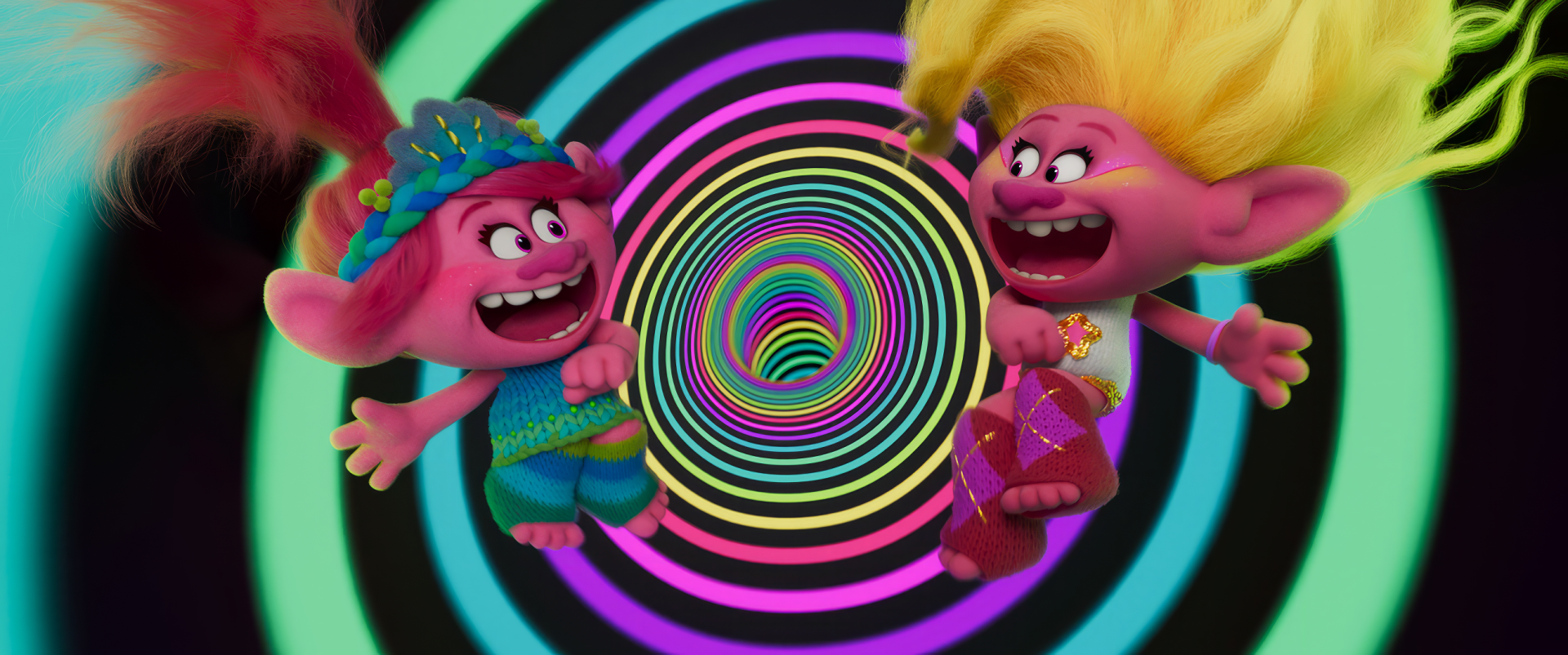 HD desktop wallpaper featuring colorful Trolls characters with exuberant expressions, banding together in front of a vibrant, psychedelic spiral background. #TrollsBandTogether #Wallpaper
