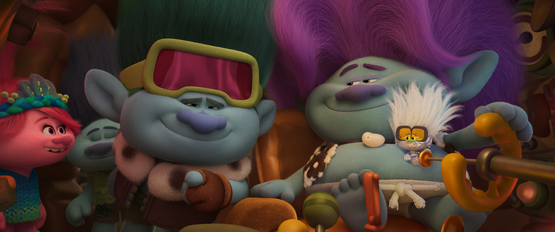 Colorful characters from Trolls Band Together relax together in this vibrant HD desktop wallpaper, showcasing their playful personalities and whimsical style.