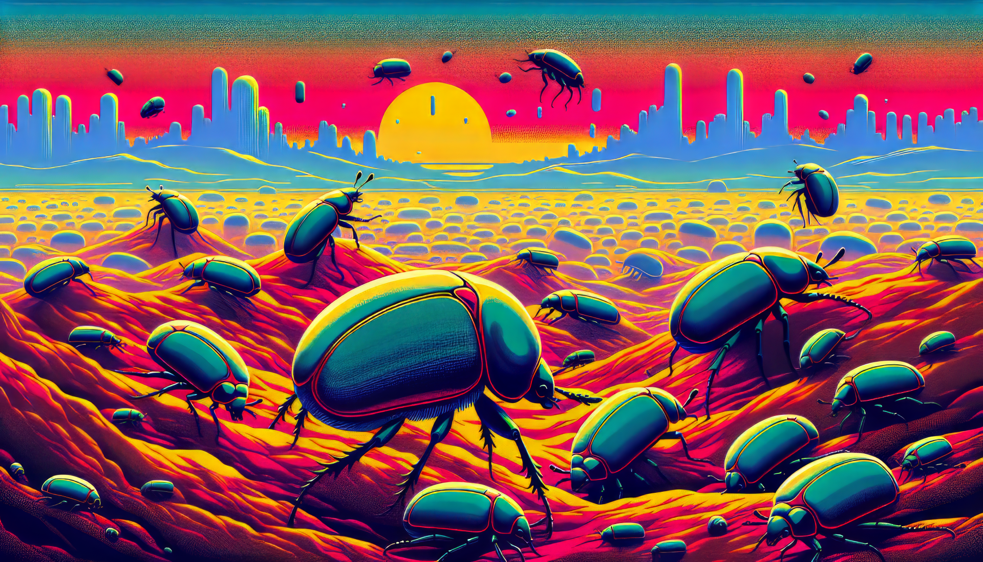 Vibrant HD desktop wallpaper featuring a surreal beetle-theme landscape with colorful insects and a sun setting in the background.