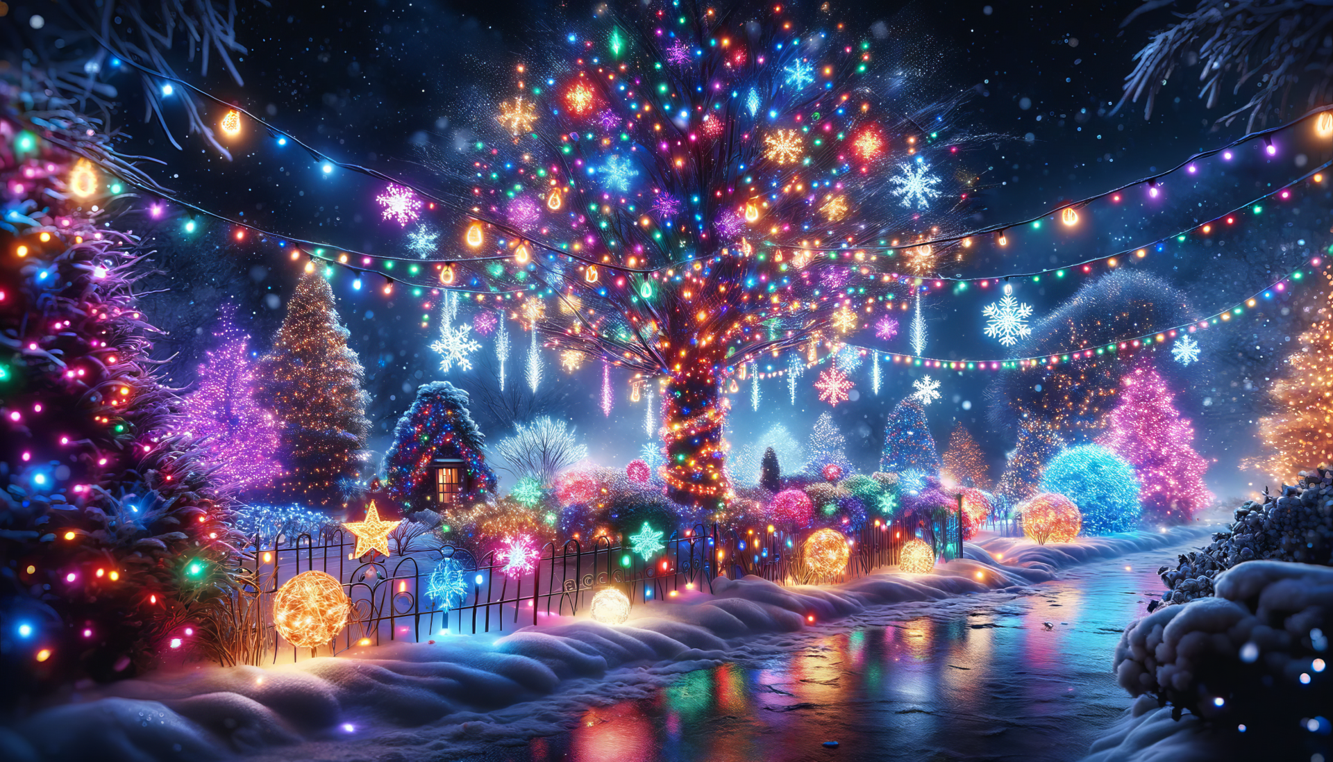 Colorful Christmas lights decorating trees in a winter wonderland scene, HD wallpaper and background.