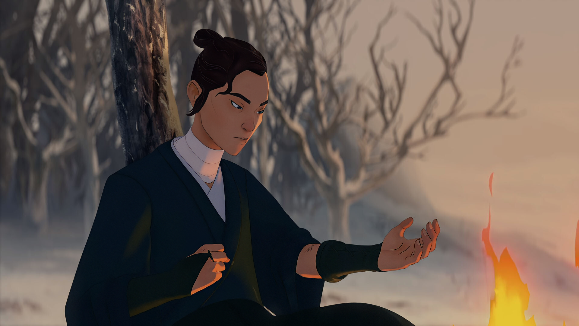 A serene anime scene featuring a blue-eyed samurai sitting by a fire in a winter landscape, capturing a moment of reflection. High-definition wallpaper for desktop backgrounds.