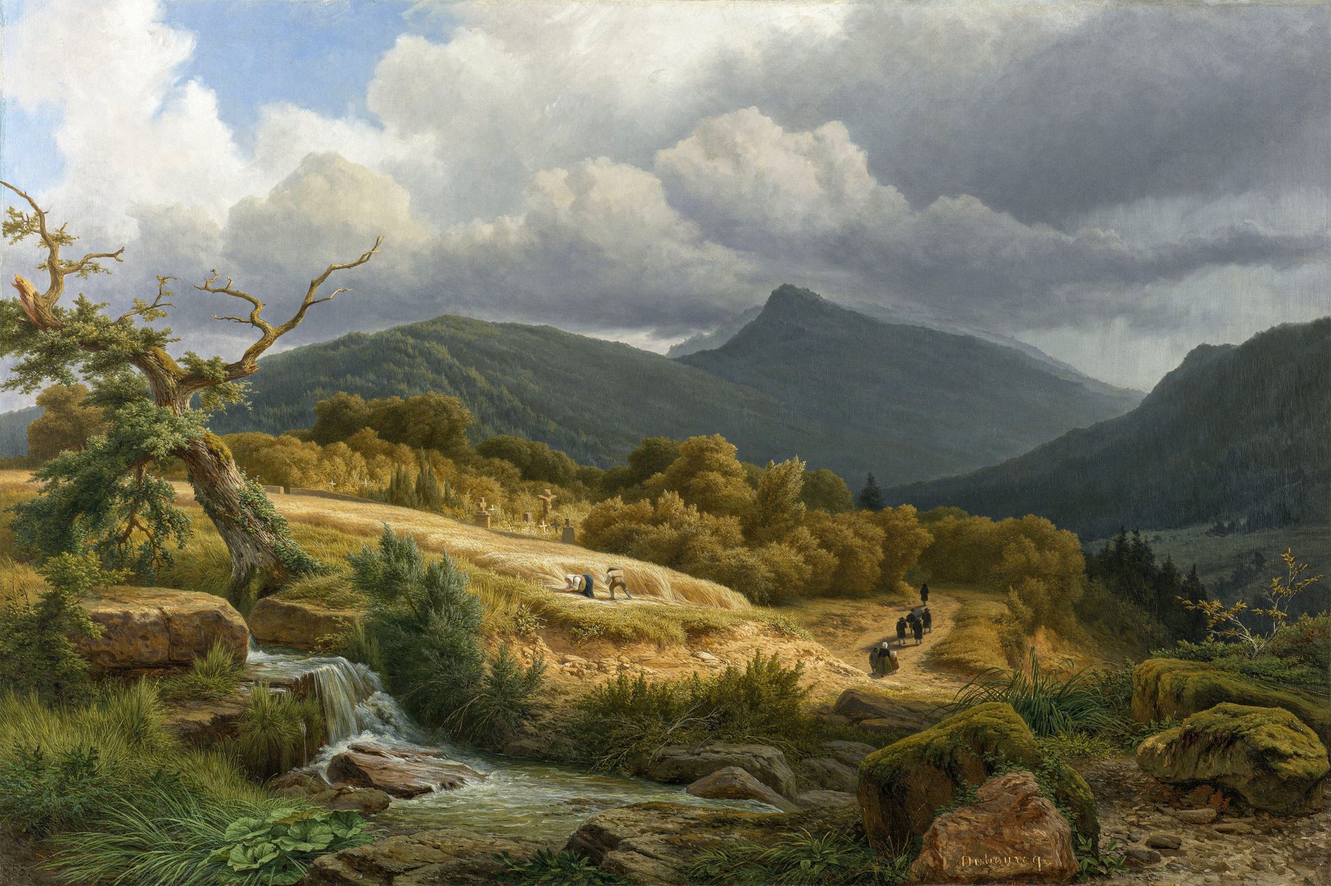 HD PC desktop wallpaper featuring an artistic oil painting of a dramatic landscape with rolling hills, cloudy skies, and a winding path.