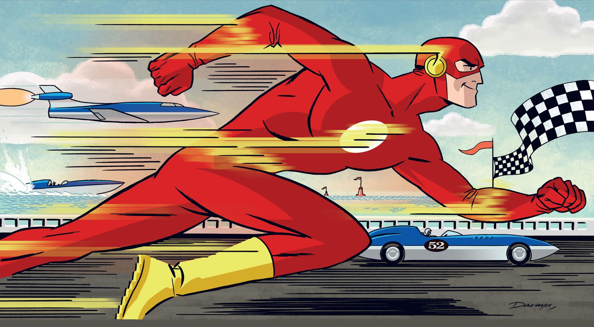 Comic-style illustration of The Flash sprinting past a race track, captured in vibrant detail for a 4K Ultra HD PC desktop wallpaper background.