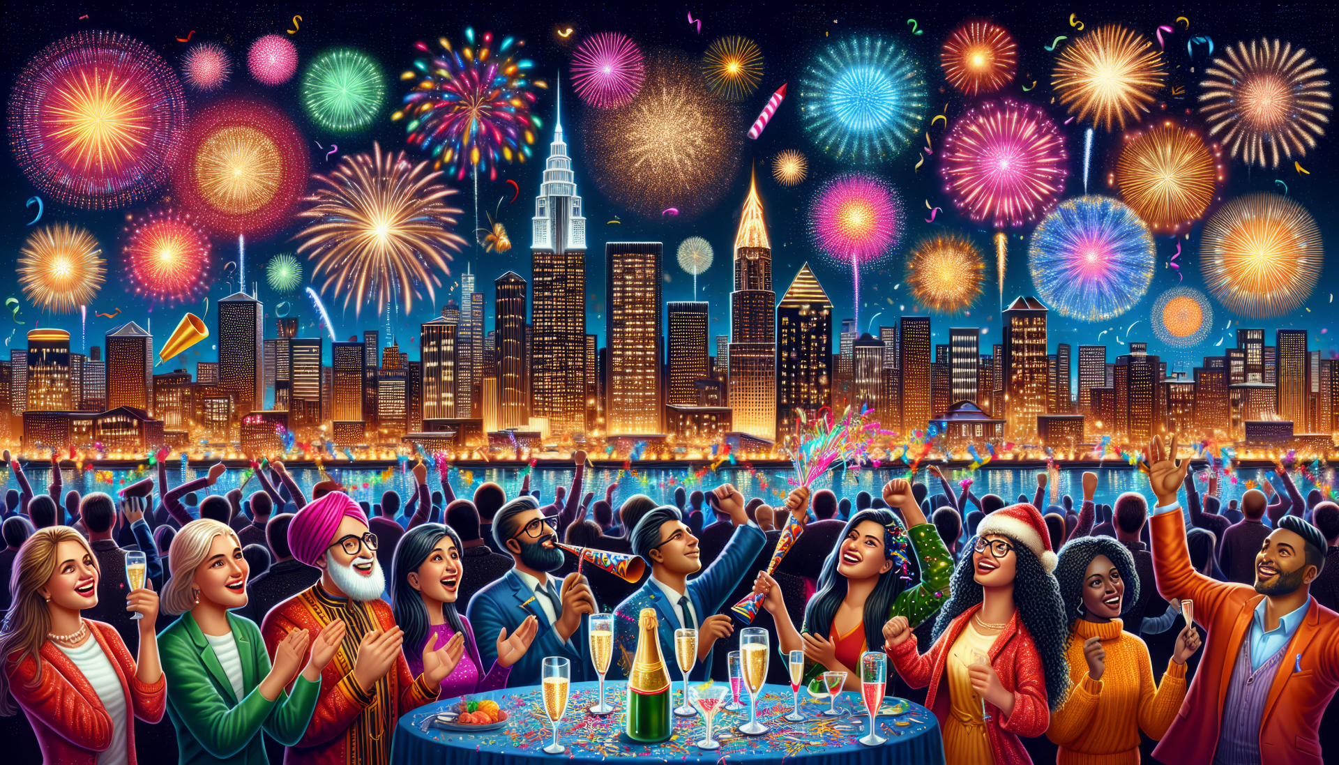 Vibrant New Year's Eve celebration wallpaper featuring animated people enjoying fireworks over a cityscape.