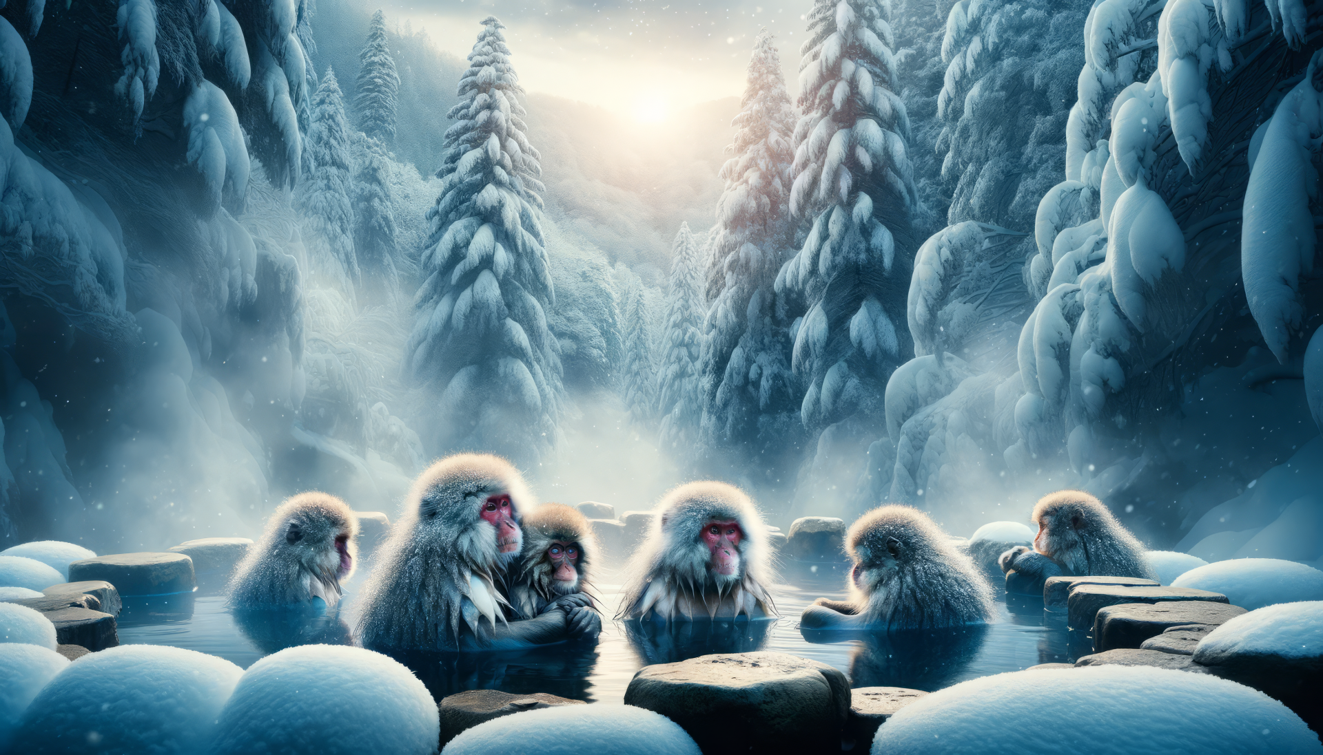 A serene winter scene featuring snow monkeys relaxing in a hot spring, surrounded by snow-covered trees and mist, creating a tranquil HD desktop wallpaper.