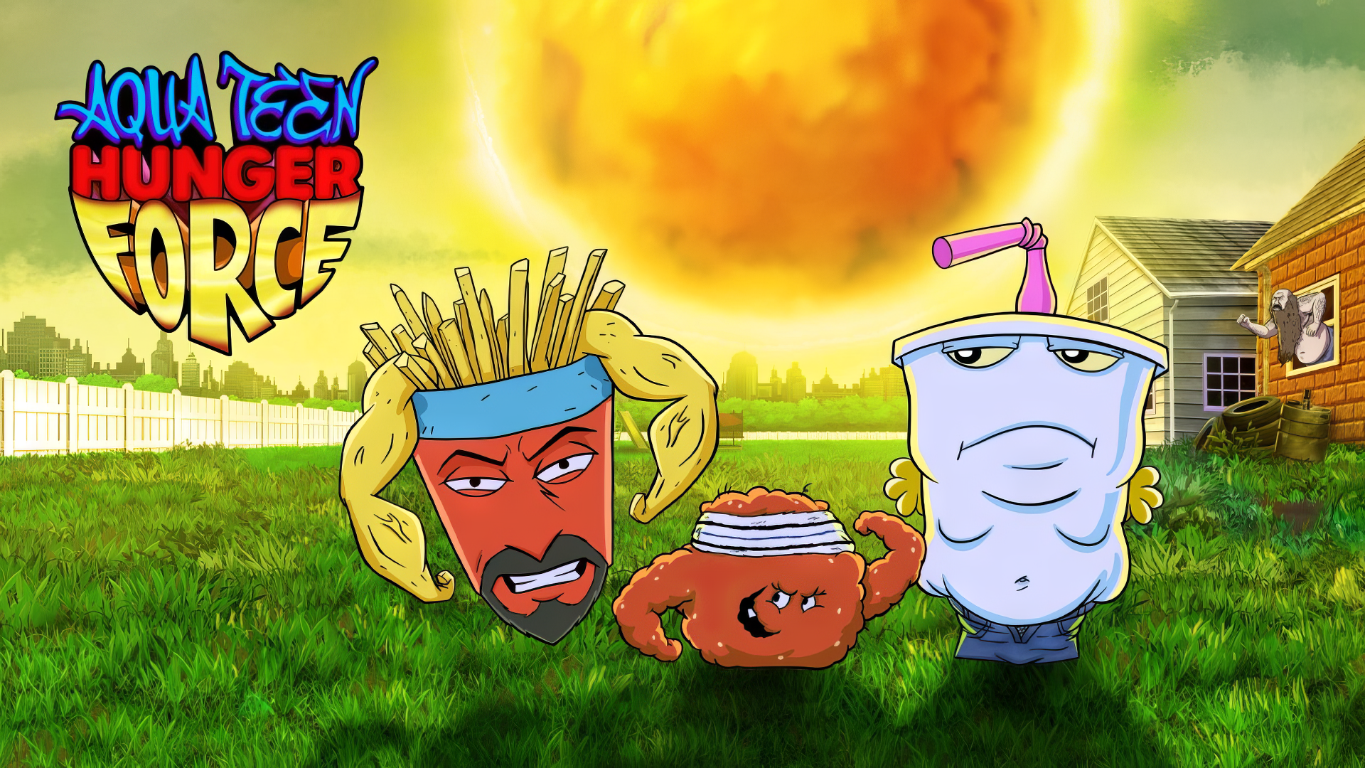 Aqua Teen Hunger Force characters displayed on a vibrant HD desktop wallpaper with a fiery explosion in the background.
