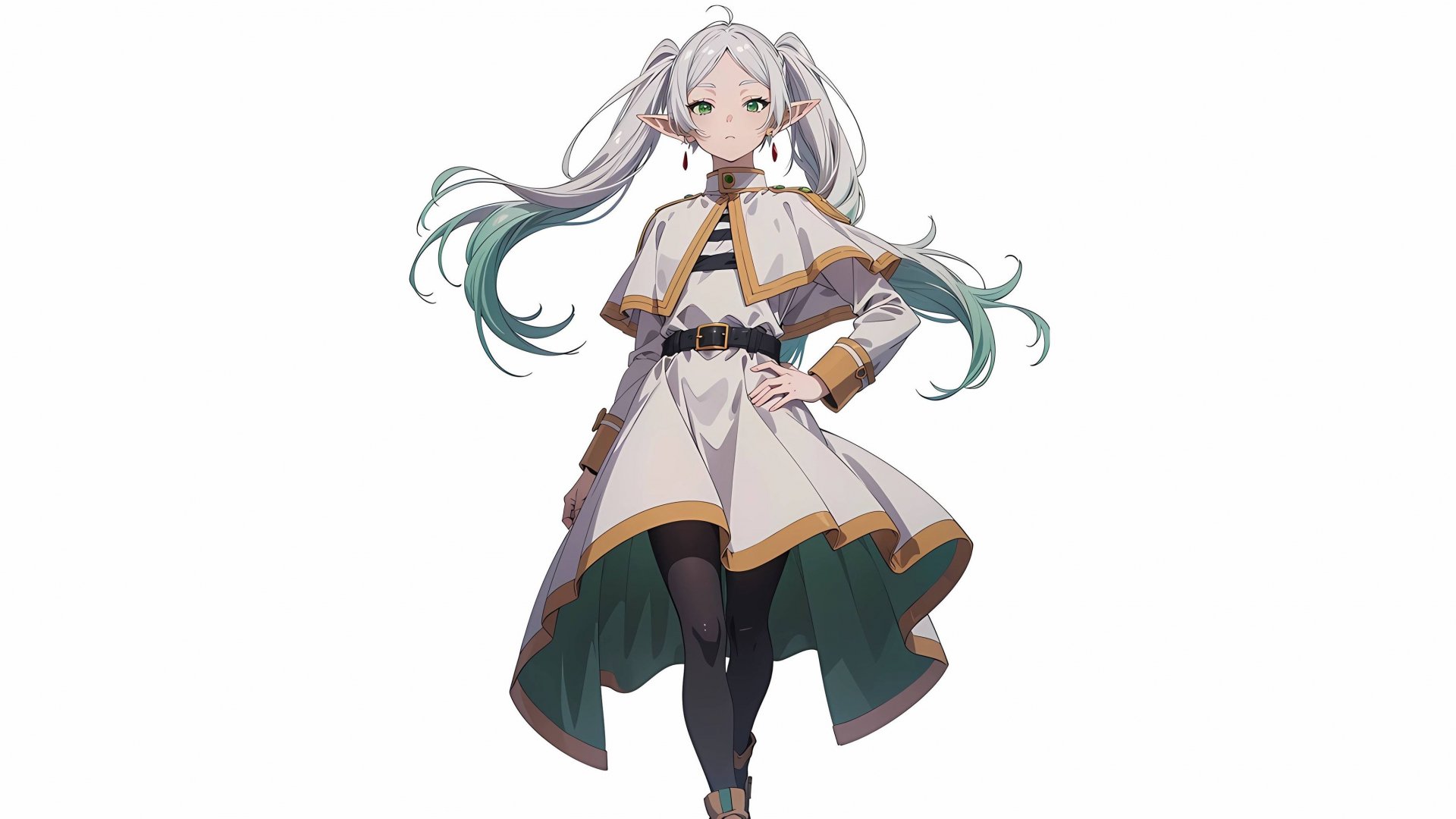 Frieren from Frieren: Beyond Journey's End — full-body anime portrait with pale twin-tailed hair tipped green, white-and-green robe, poised stance; 2K Quad HD PC desktop wallpaper/background.