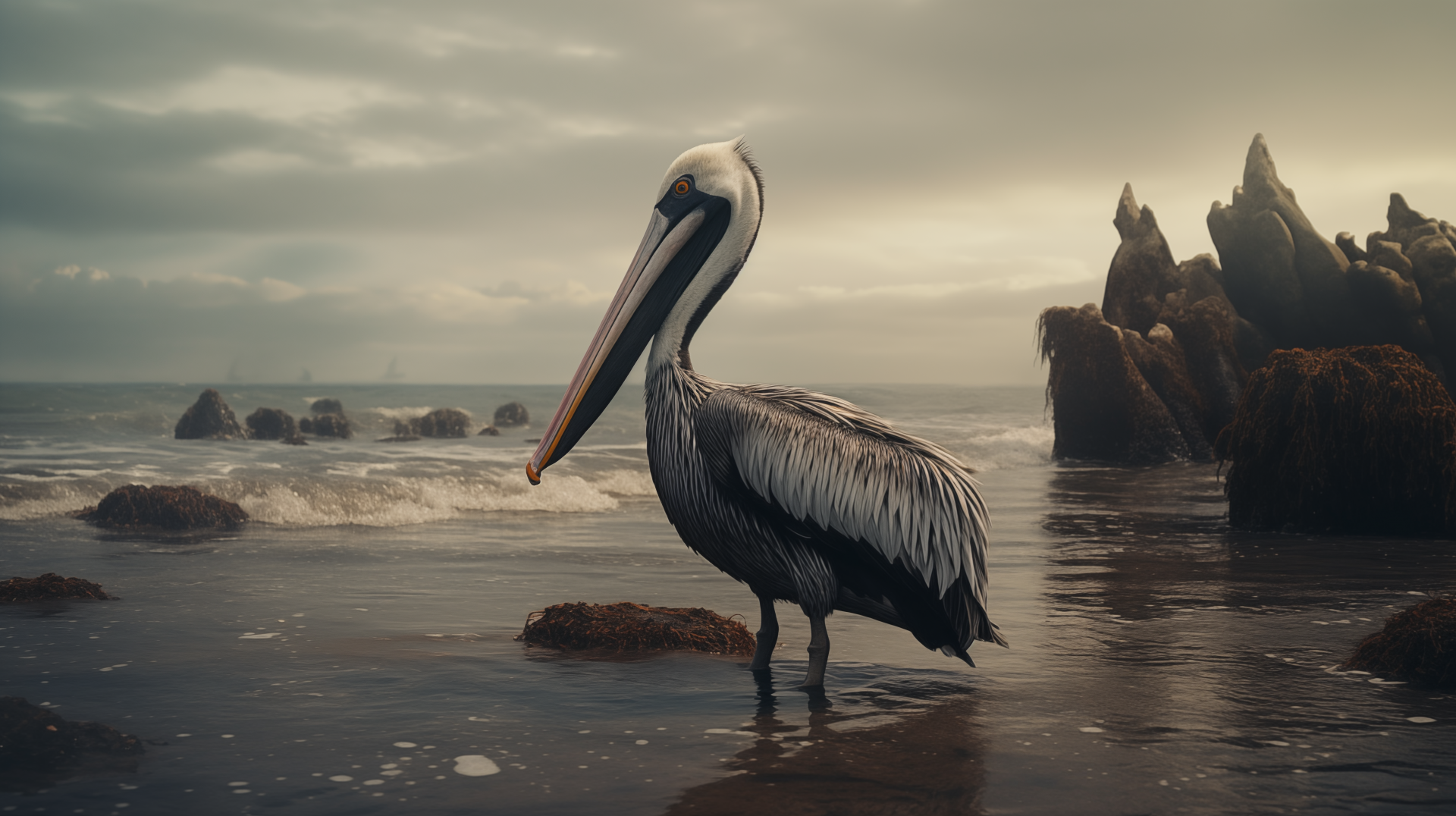 A majestic pelican stands on the beach, surrounded by rocky formations, with gentle waves lapping at its feet. This HD wallpaper captures the serene beauty of coastal wildlife.