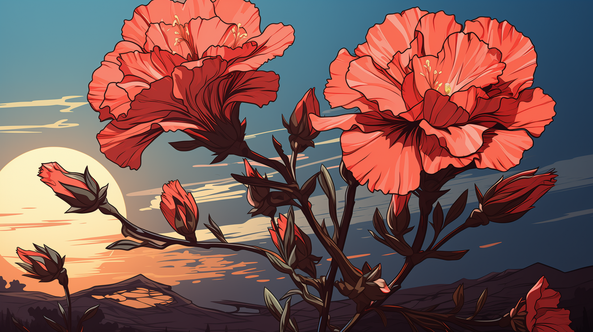 HD wallpaper featuring a vibrant illustration of red carnations with a mountainous sunset background.