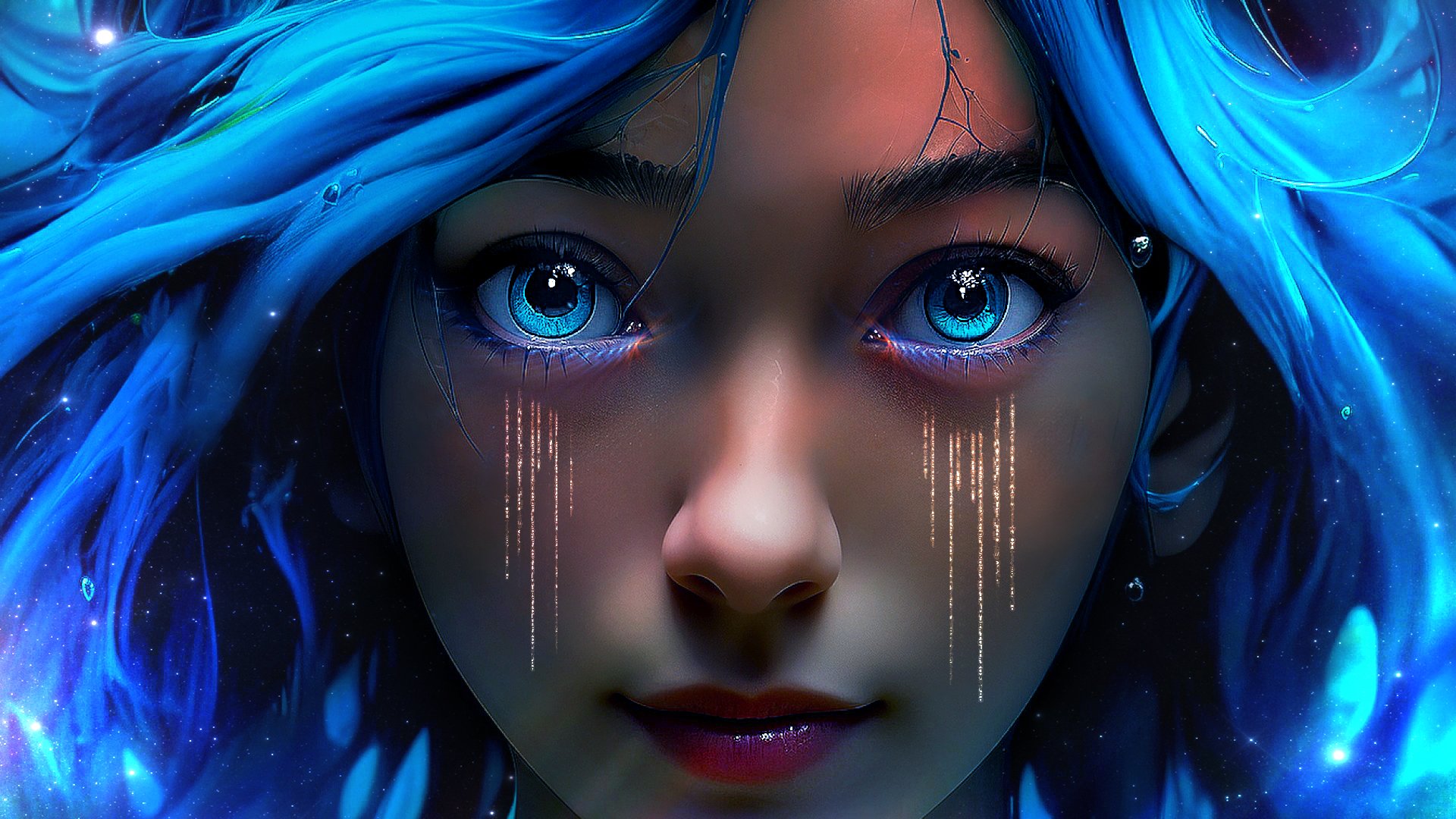 Digital HD PC wallpaper featuring a close-up of a blue-haired girl with glowing eyes, rendered in a vivid, artistic fantasy style.