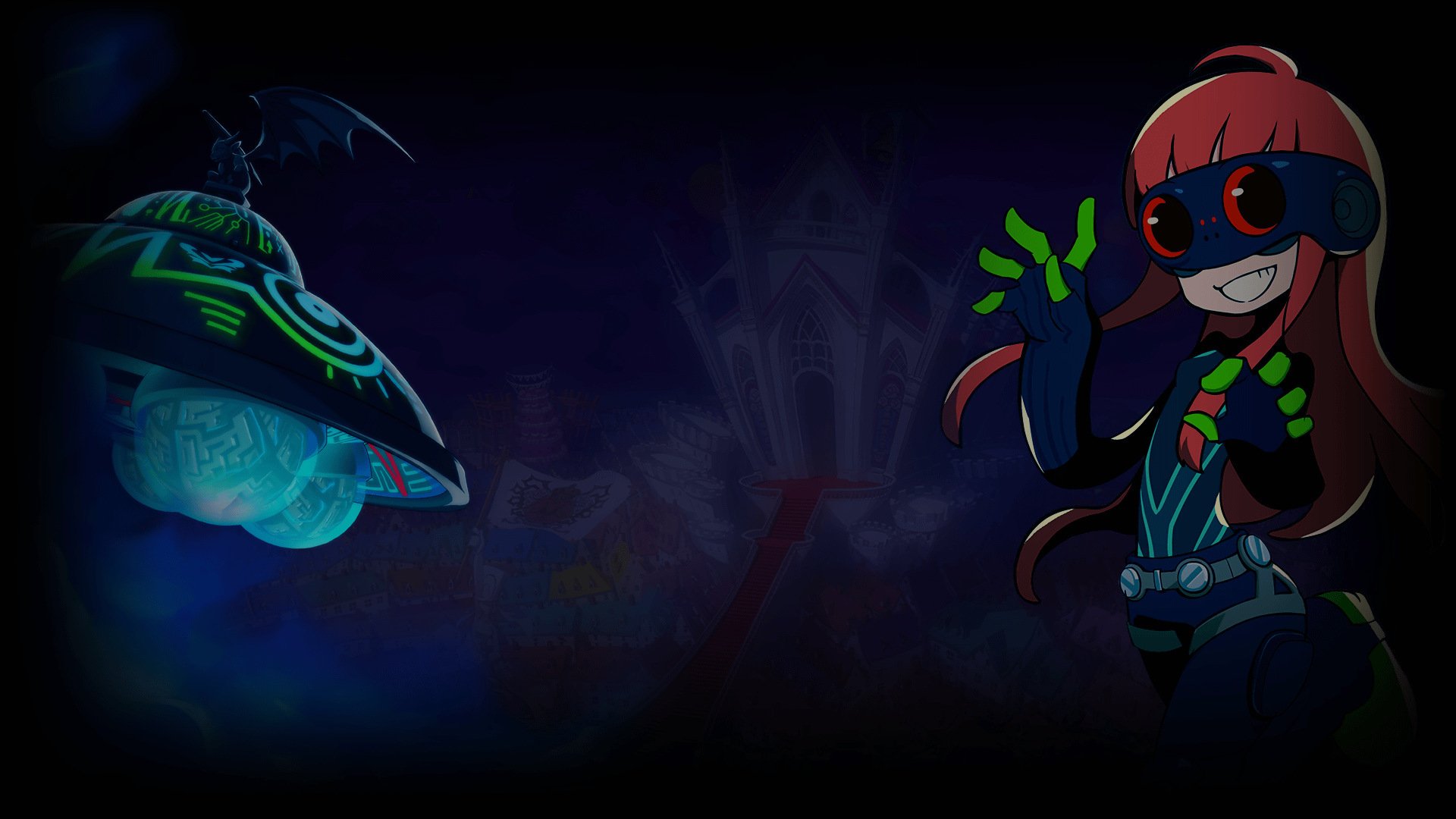 HD Persona 5 Tactica wallpaper featuring a stylized character with red hair and goggles alongside a mystical floating hat against a dark, moody background.