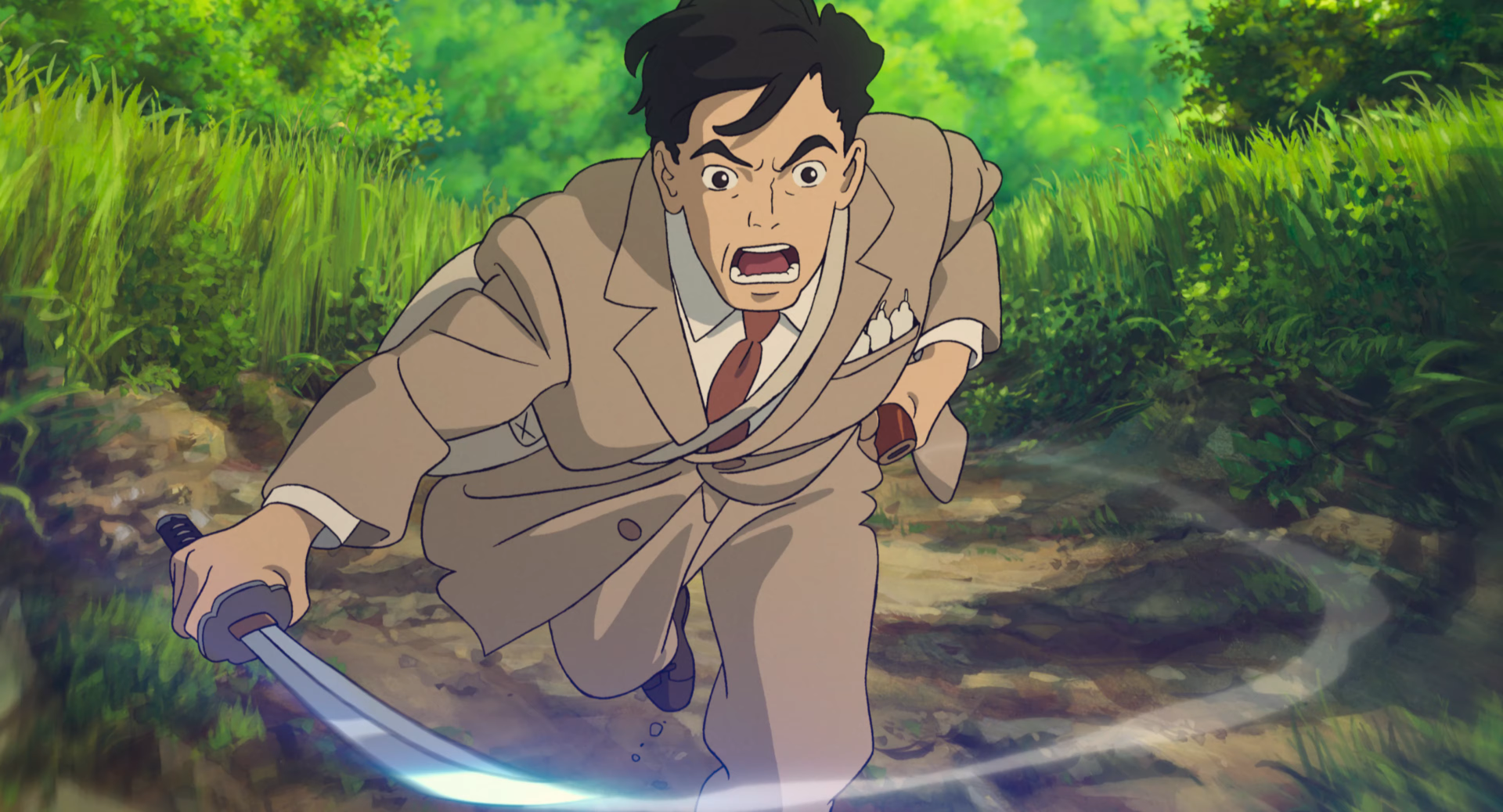 Animated character drawing a sword in a vibrant forest setting, HD wallpaper titled The Boy and the Heron.