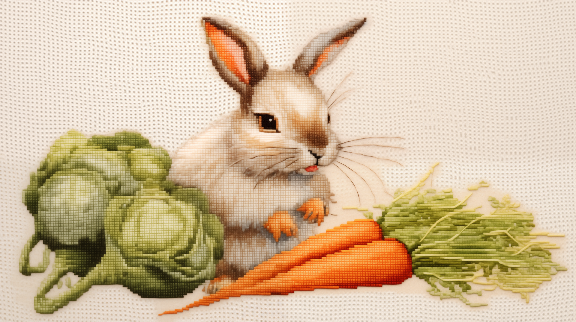 A charming HD wallpaper featuring a cute rabbit beside vibrant carrots and green vegetables, creating a delightful and colorful nature scene.